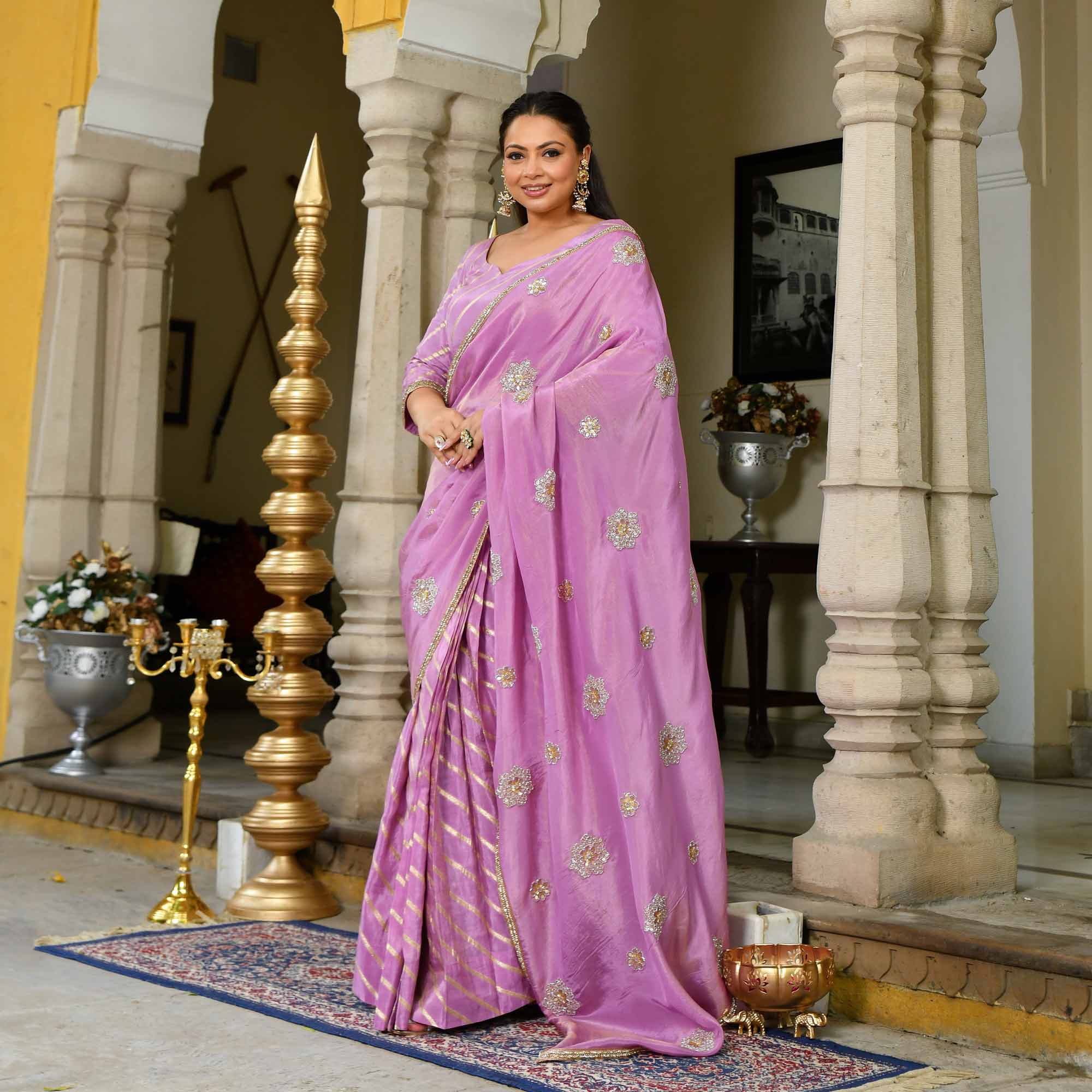 Dewy Orchid Purple Pure Tissue Silk Emrboidered Drape Saree