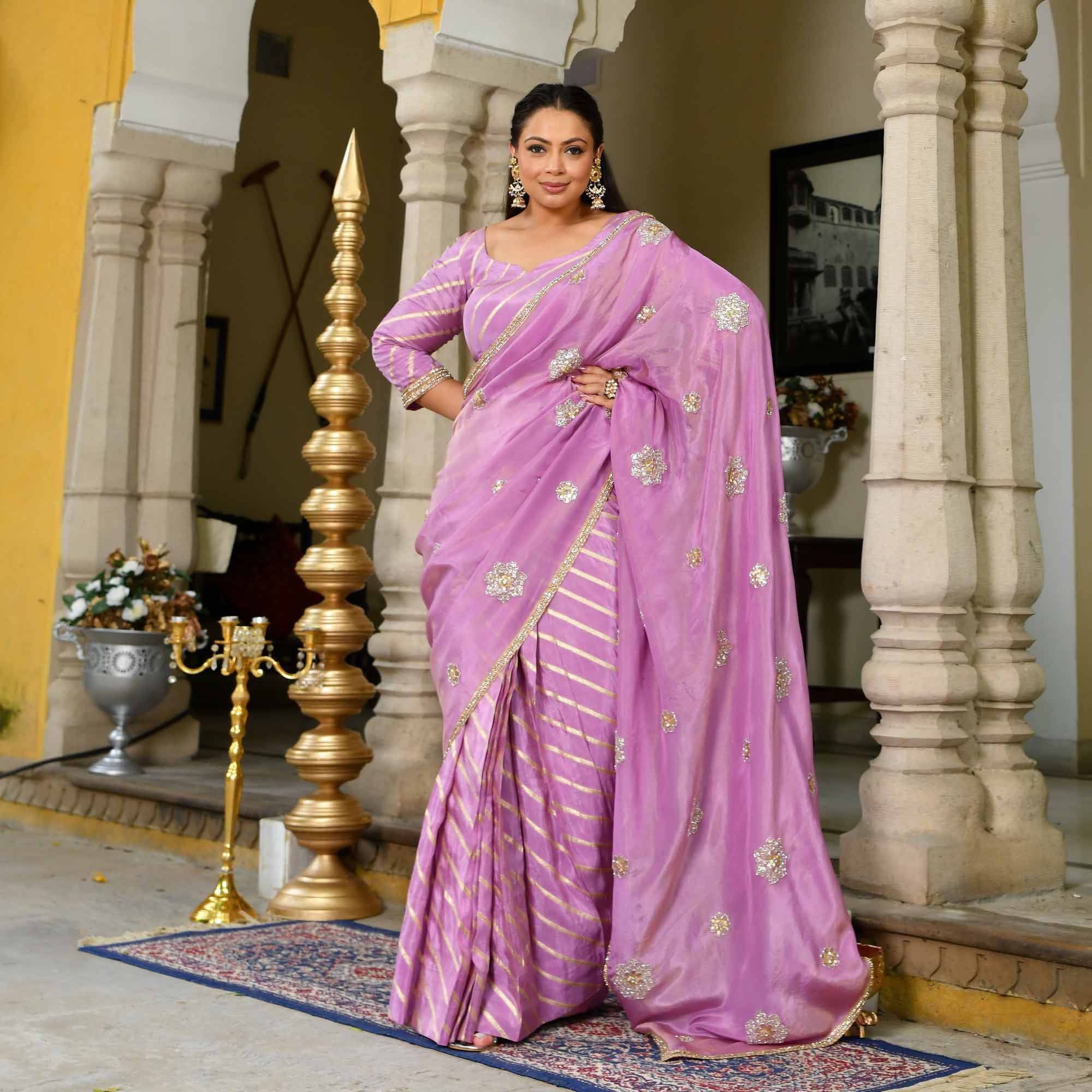 Dewy Orchid Purple Pure Tissue Silk Emrboidered Drape Saree