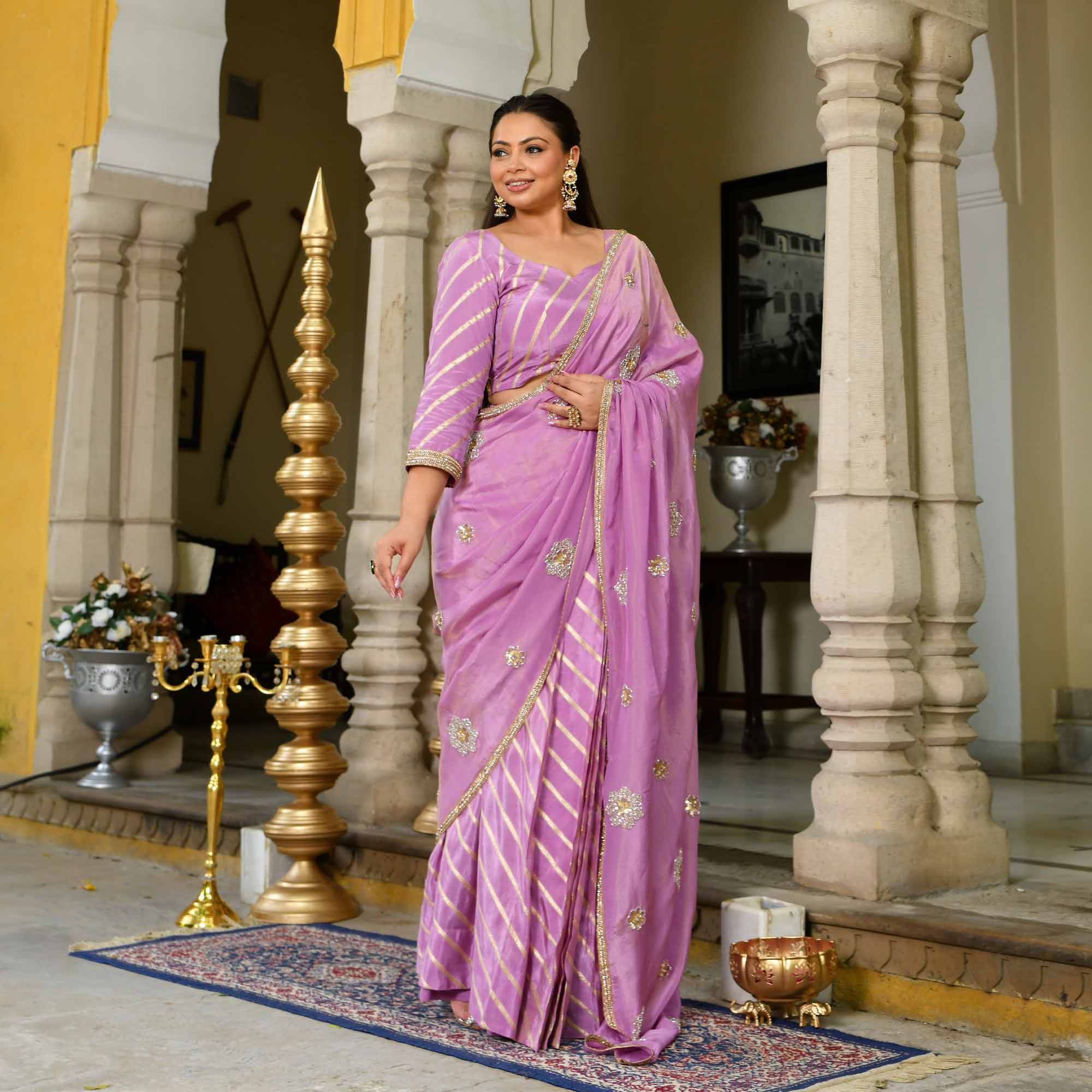 Dewy Orchid Purple Pure Tissue Silk Emrboidered Drape Saree