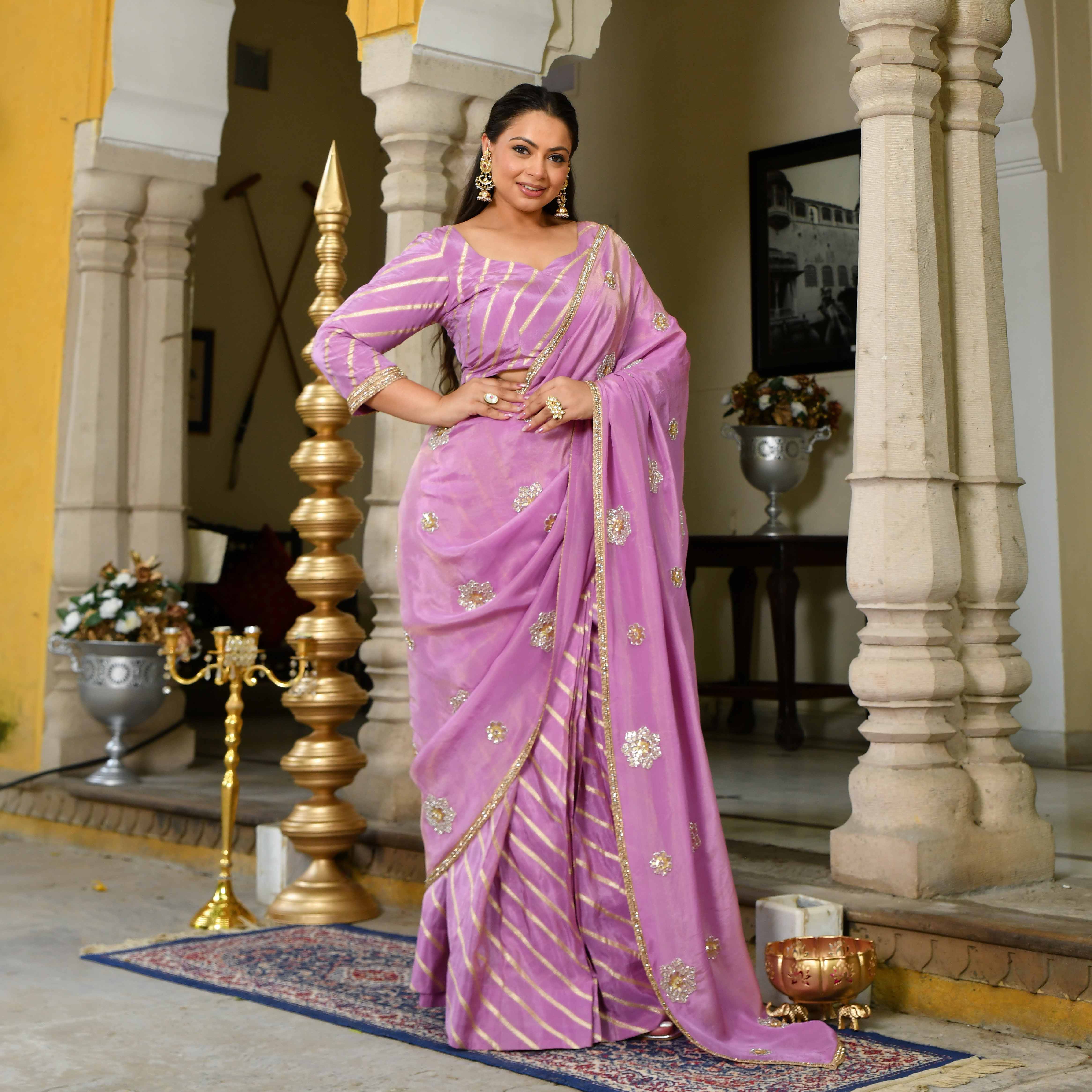 Dewy Orchid Purple Pure Tissue Silk Emrboidered Drape Saree