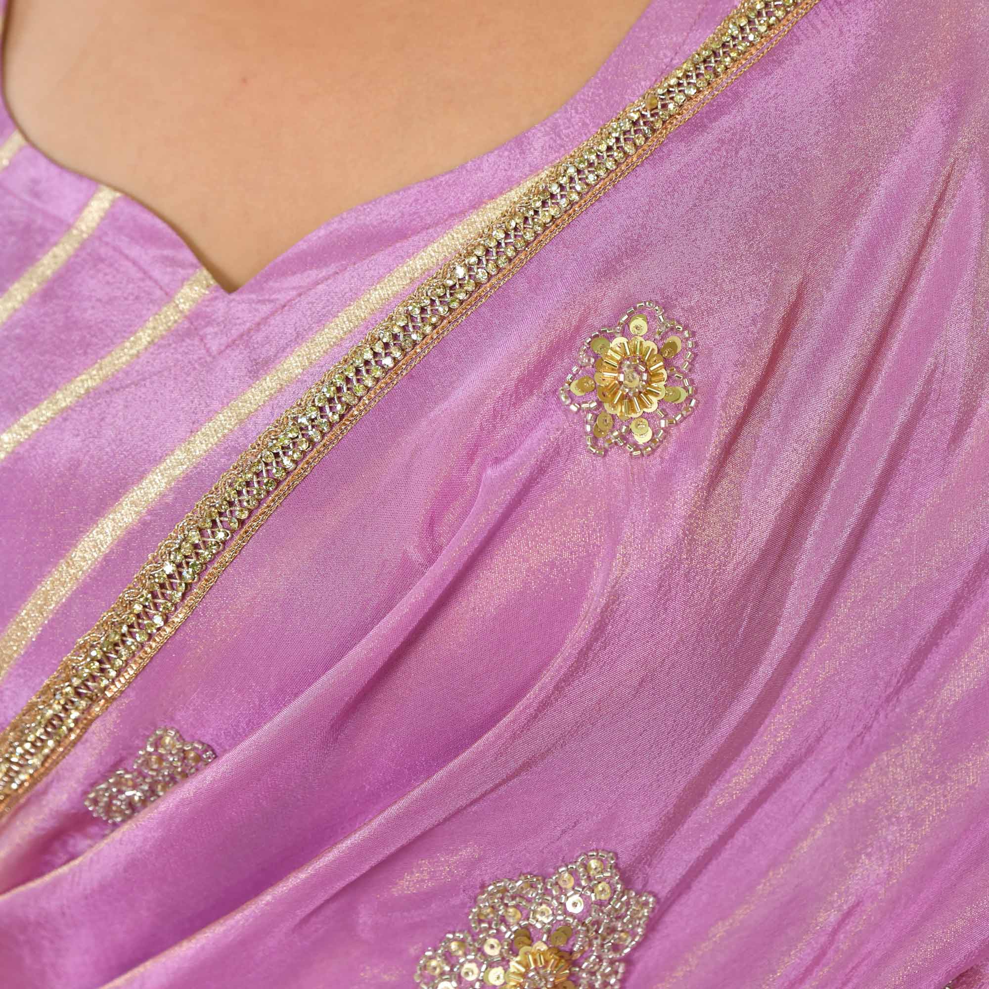 Dewy Orchid Purple Pure Tissue Silk Emrboidered Drape Saree