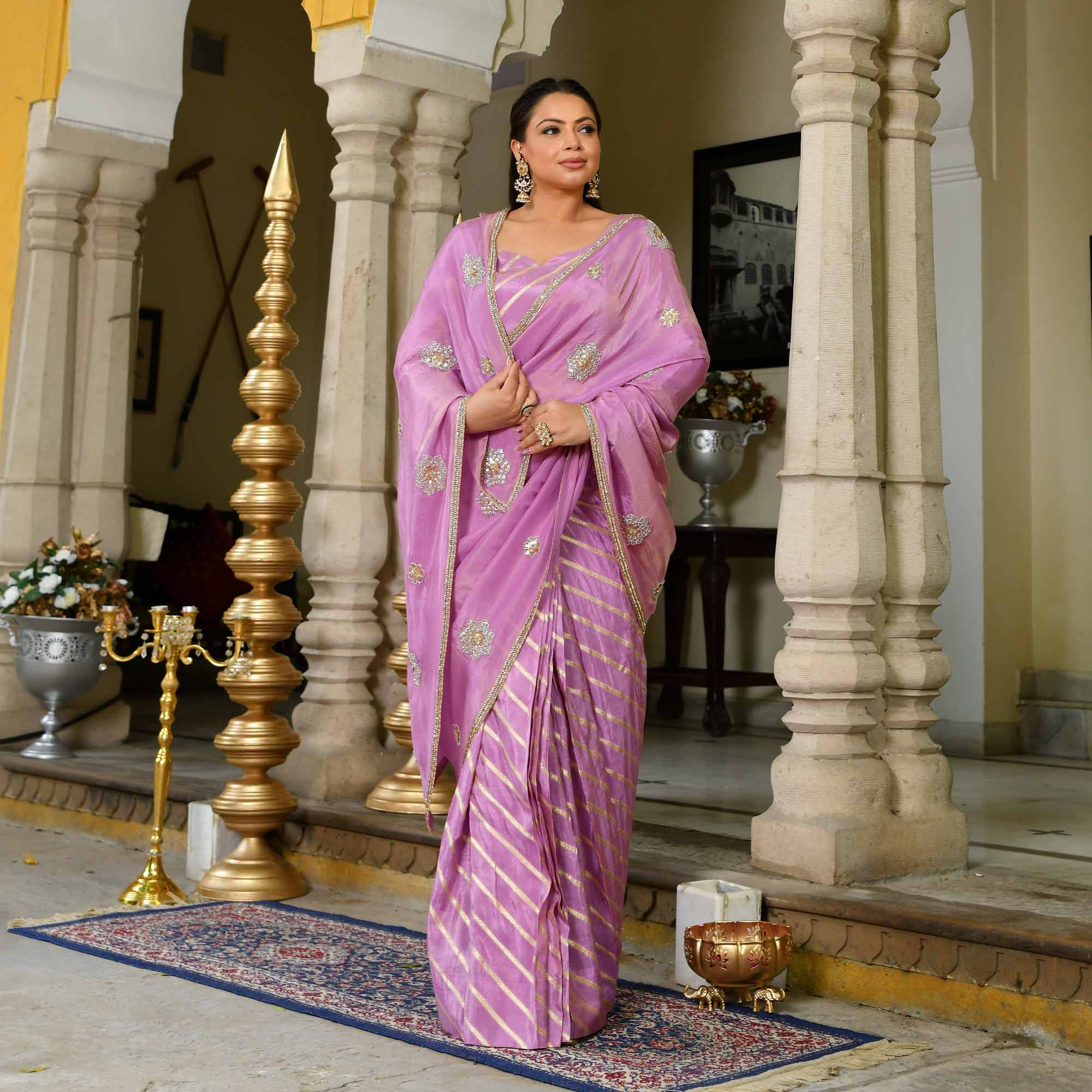 Dewy Orchid Purple Pure Tissue Silk Emrboidered Drape Saree