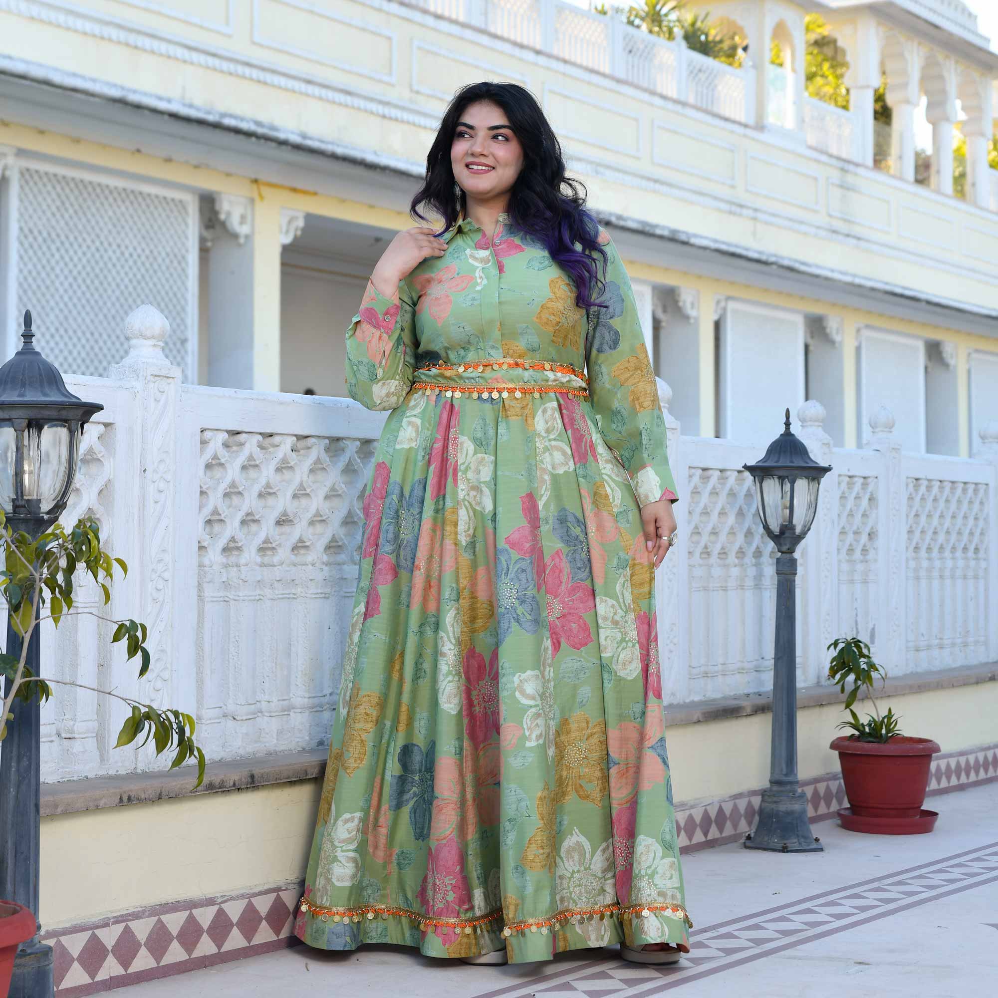 Green Springs Floral Print Modal Viscose Anarkali