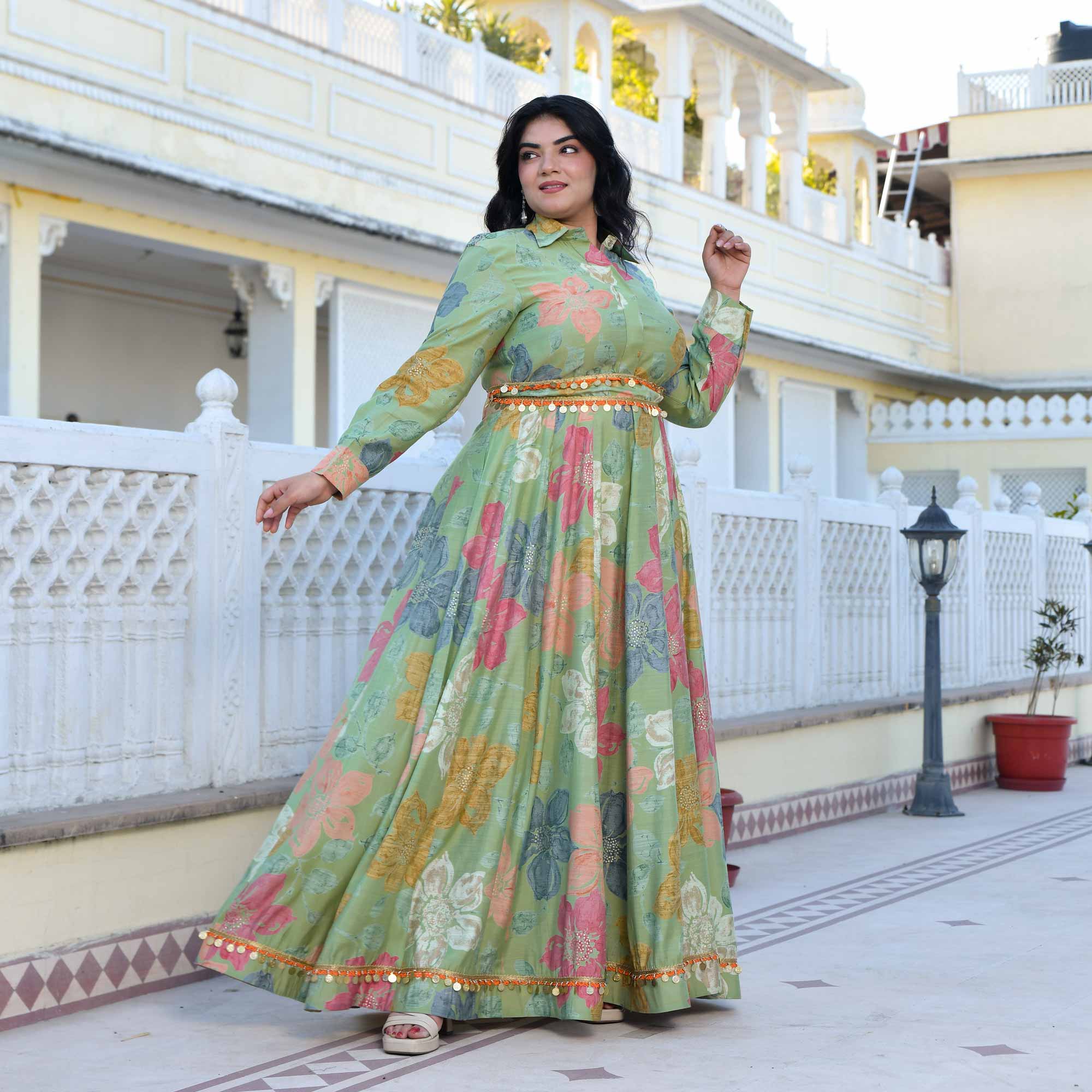 Green Springs Floral Print Modal Viscose Anarkali