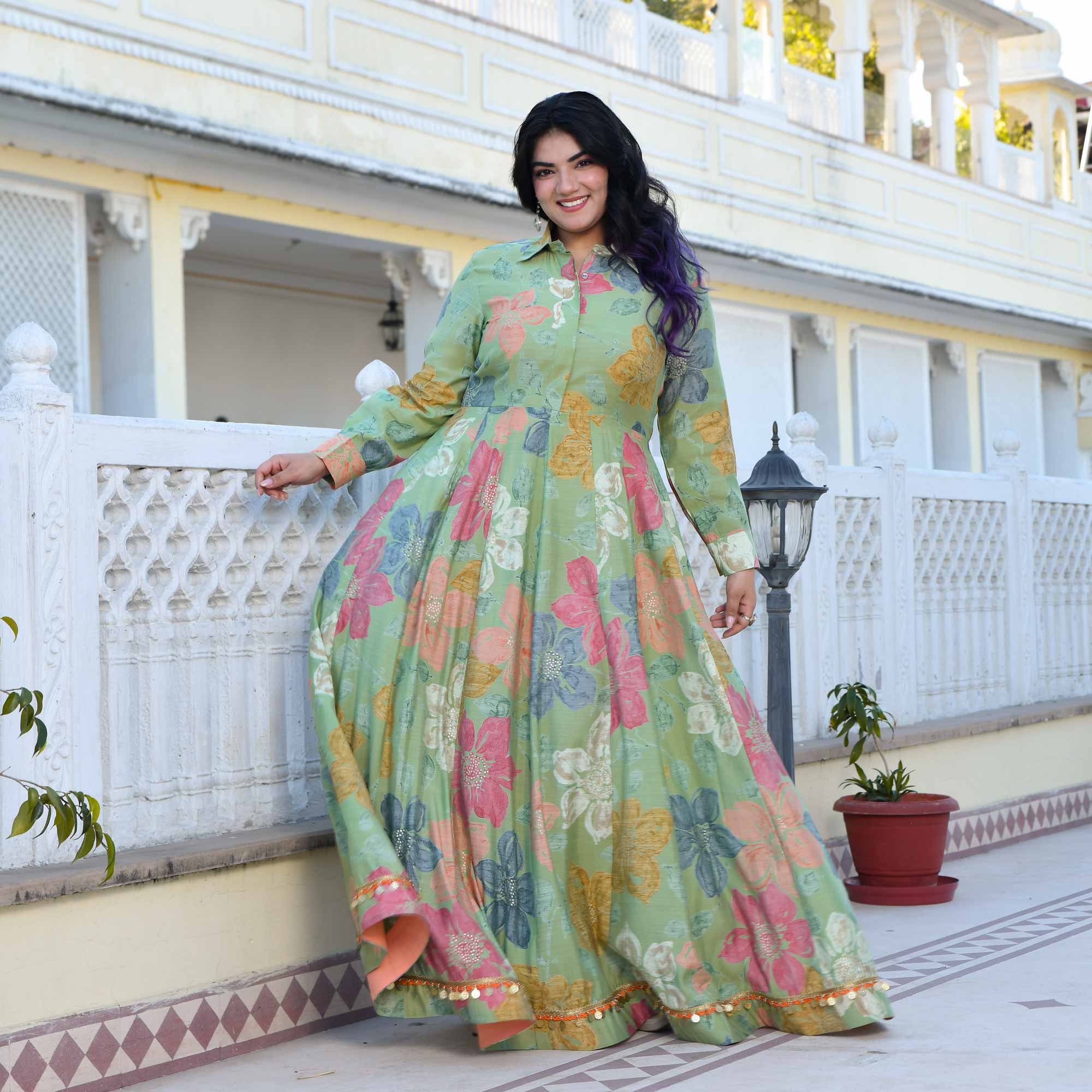 Green Springs Floral Print Modal Viscose Anarkali