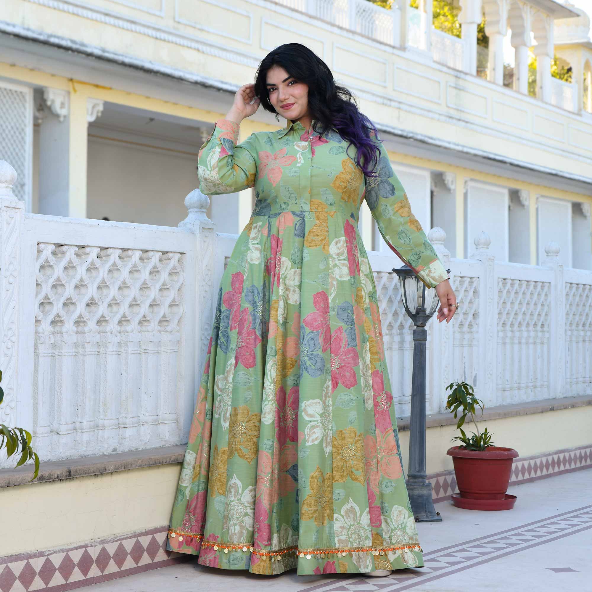 Green Springs Floral Print Modal Viscose Anarkali