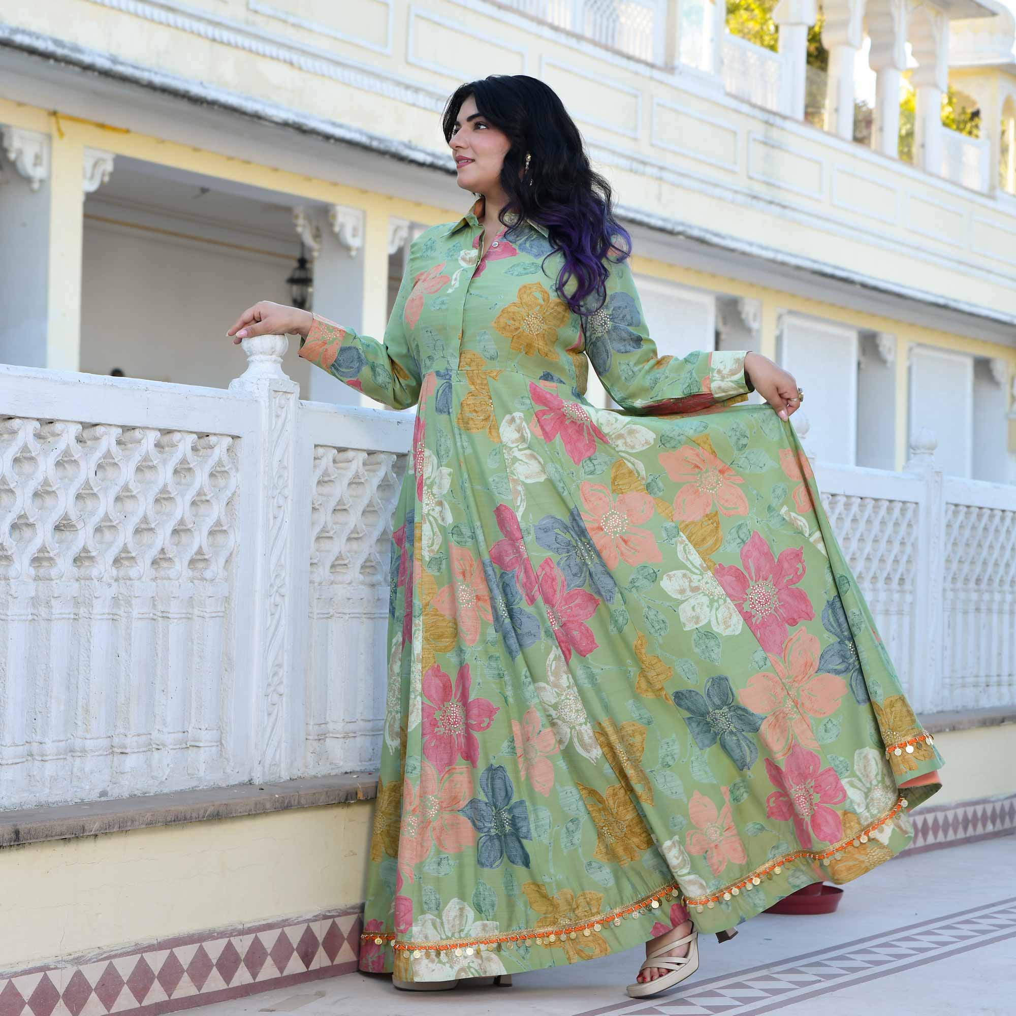 Green Springs Floral Print Modal Viscose Anarkali