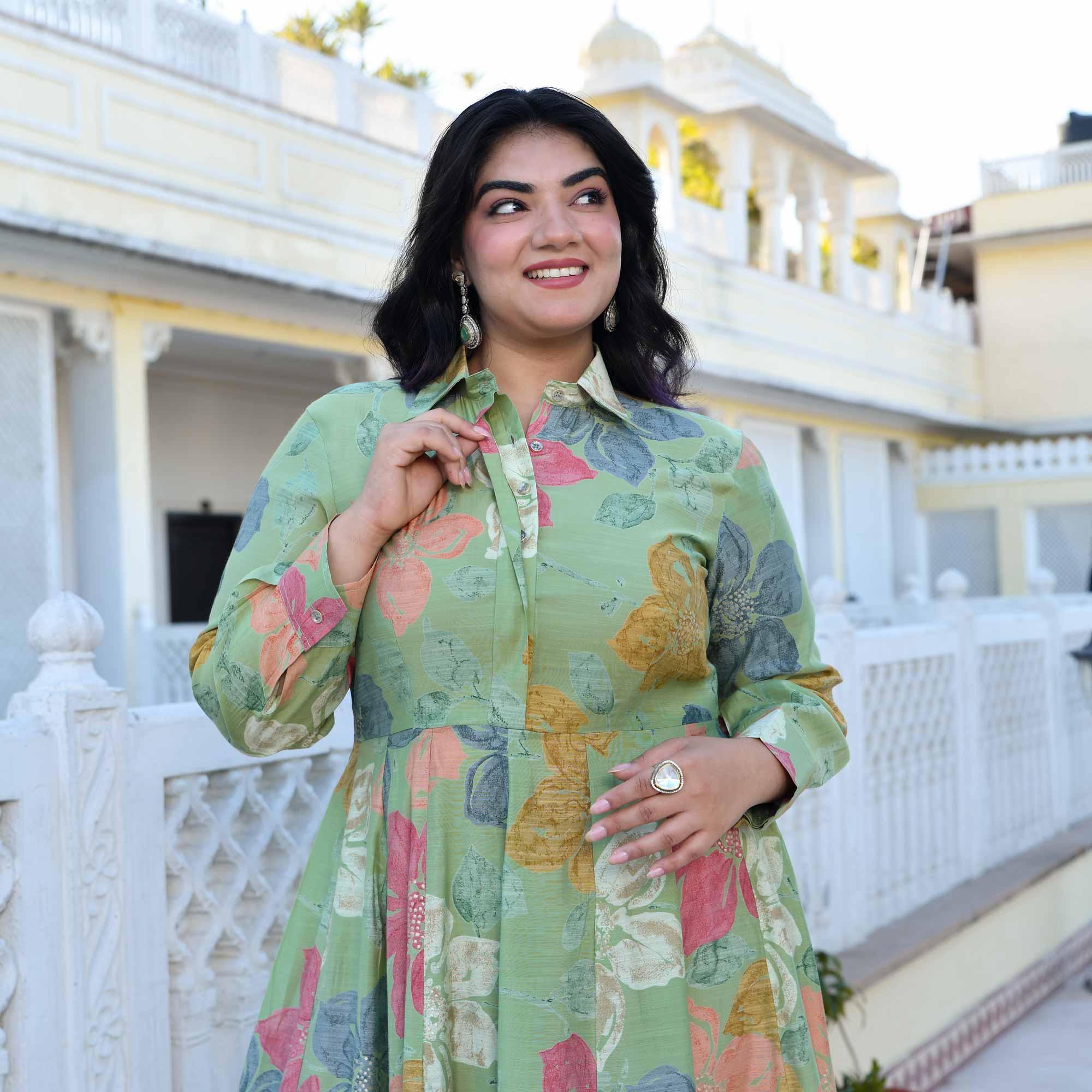 Green Springs Floral Print Modal Viscose Anarkali