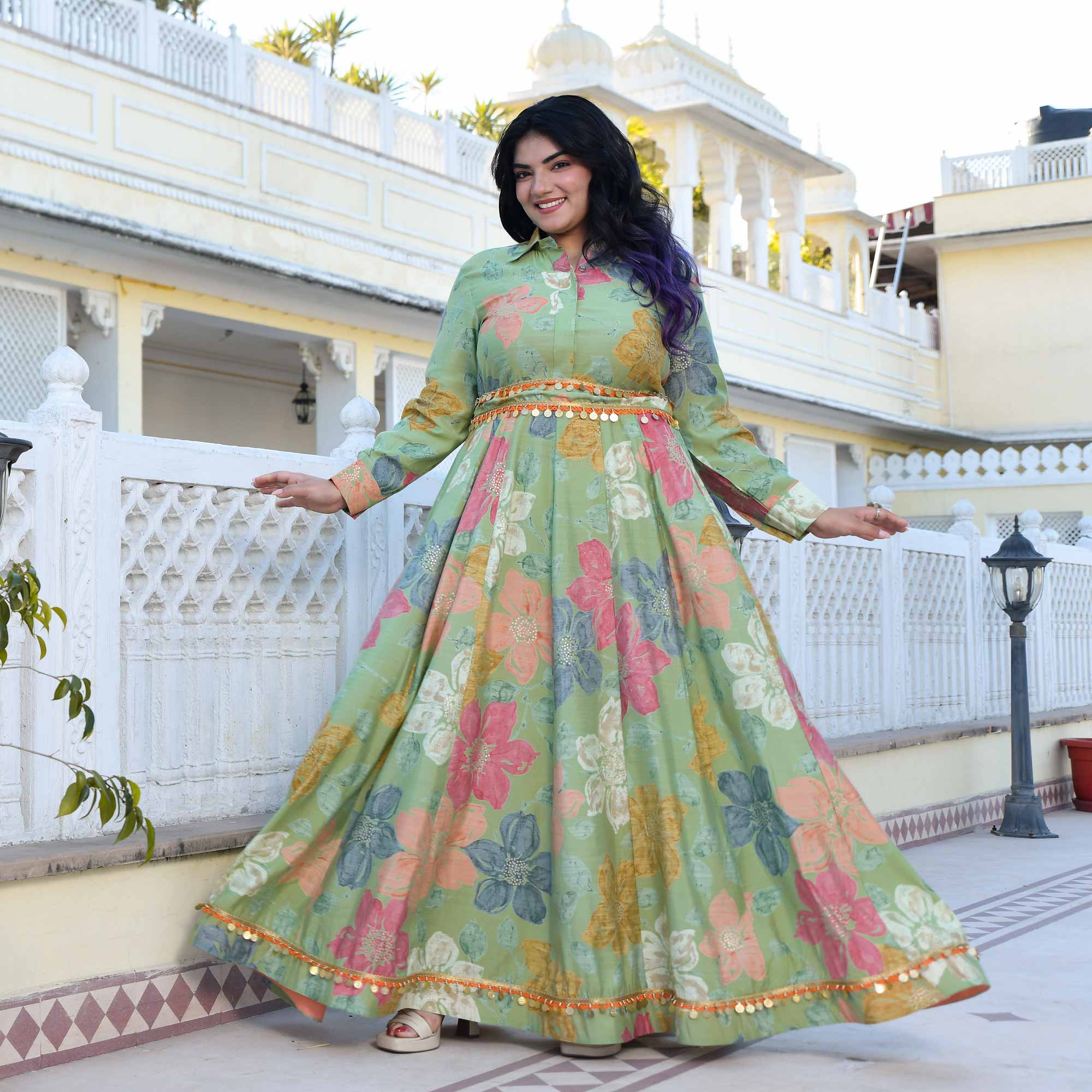 Green Springs Floral Print Modal Viscose Anarkali