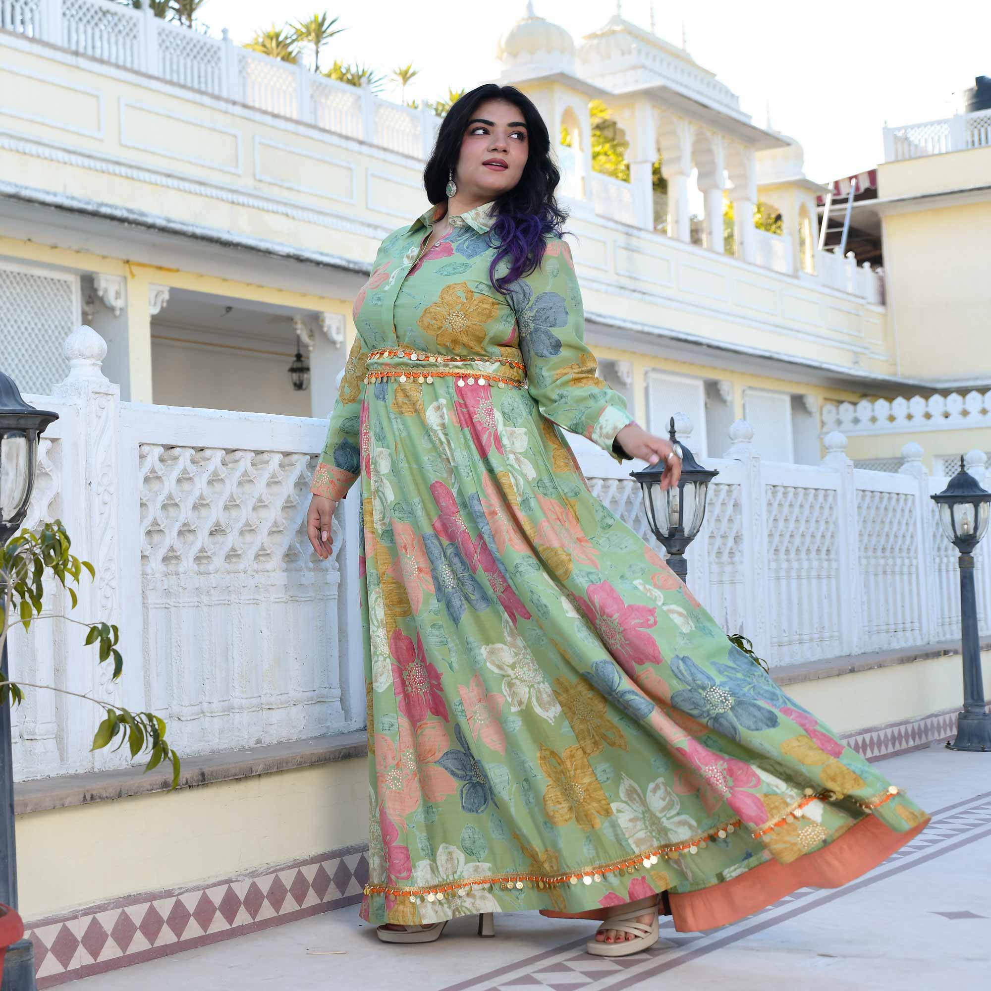 Green Springs Floral Print Modal Viscose Anarkali