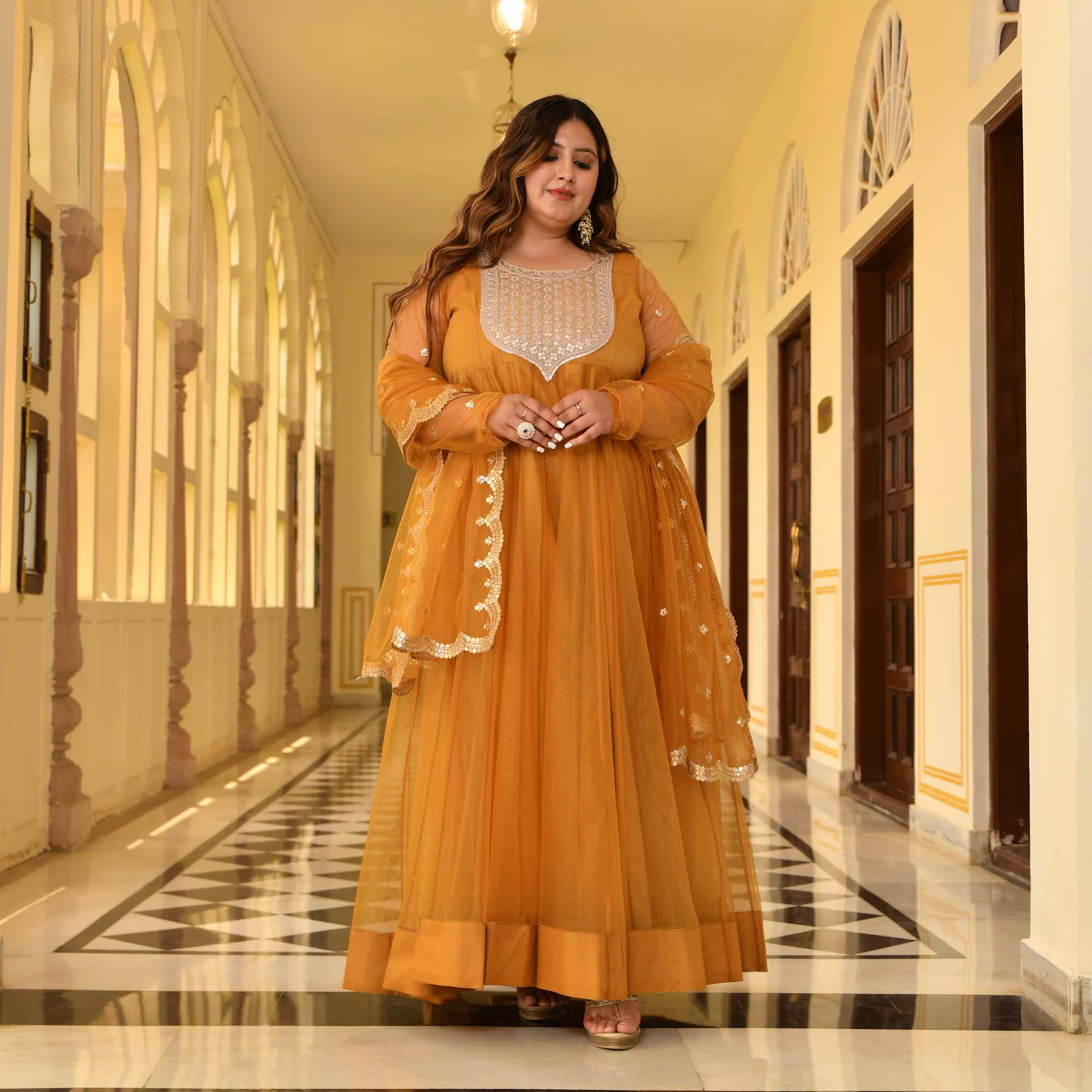 Gold Mesh Glam Tissue Net Anarkali Set Plus Size Clothing XS 10XL