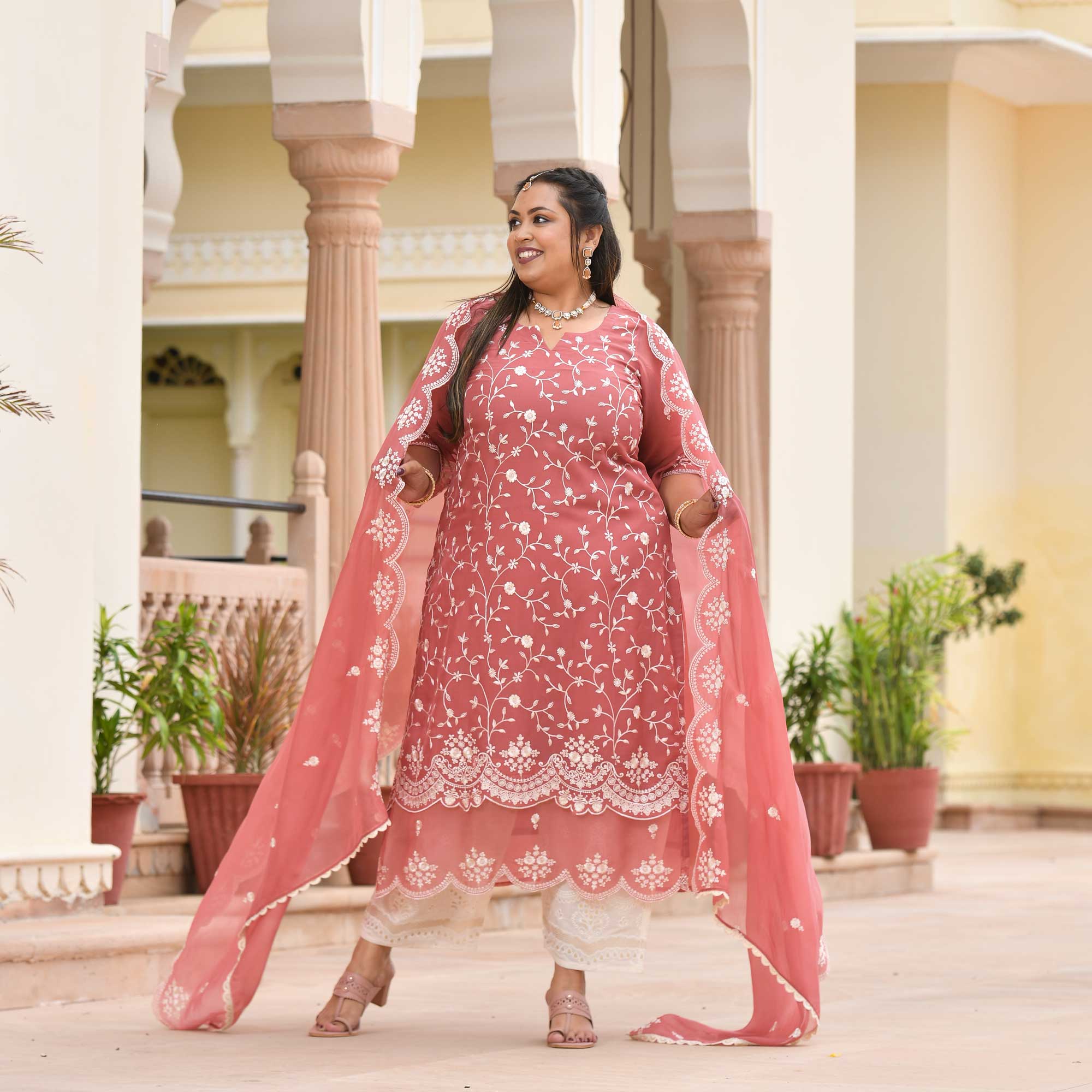 Pearl White & Pink Melody Thread Embroidered Organza Suit Set-Plus Size  Clothing(XS-10XL)