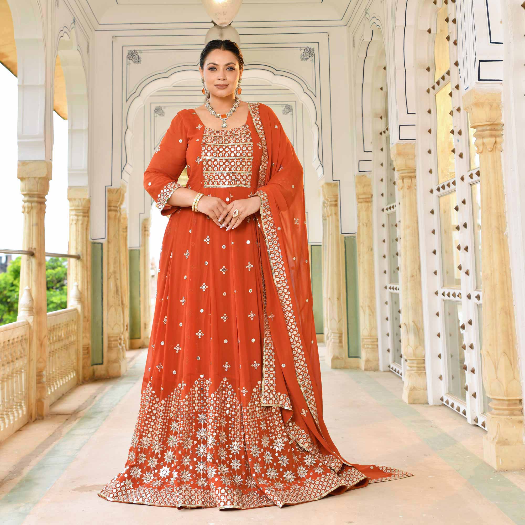 Burnt Sienna Mirror Embroidered Pure Georgette Anarkali Set