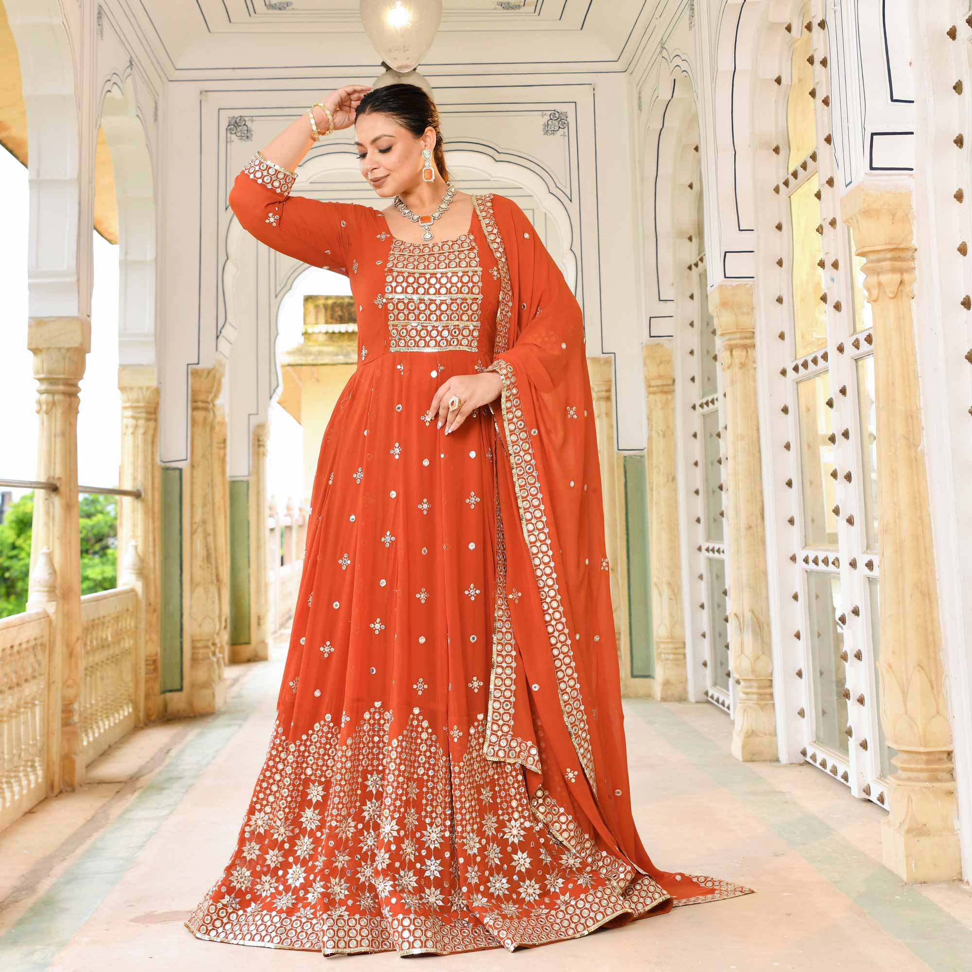 Burnt Sienna Mirror Embroidered Pure Georgette Anarkali Set