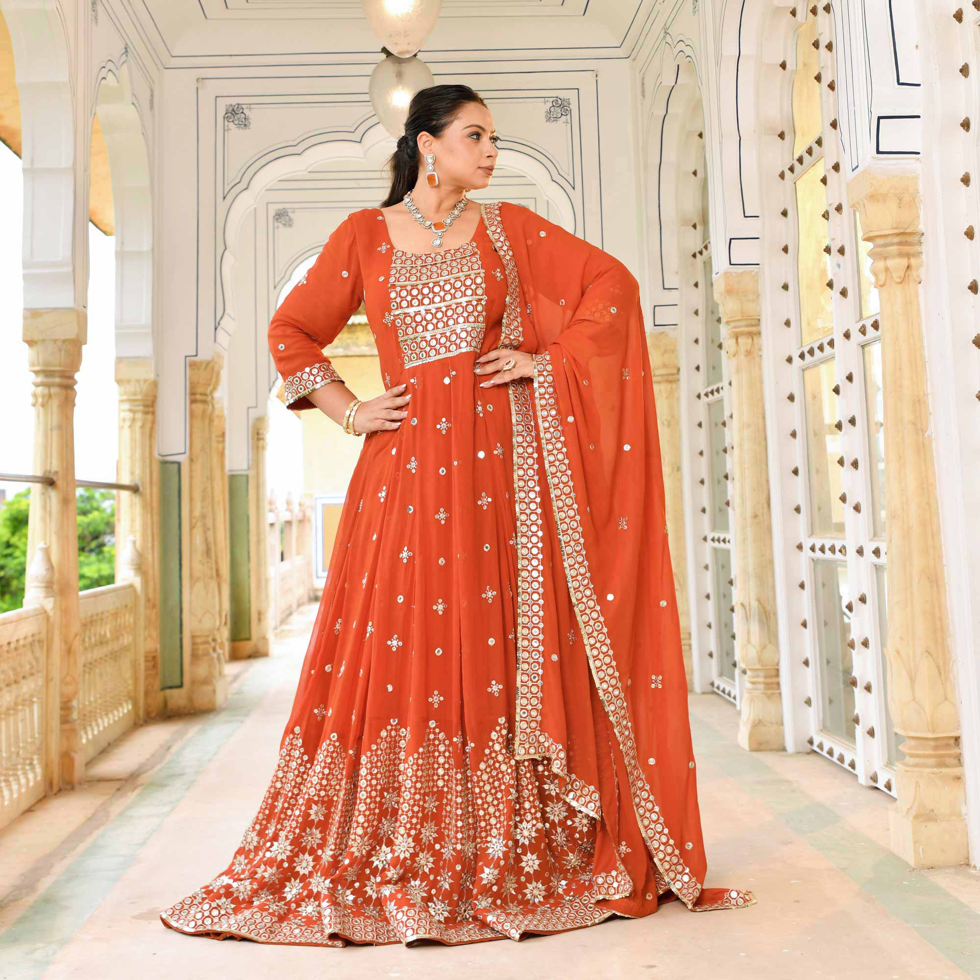 Burnt Sienna Mirror Embroidered Pure Georgette Anarkali Set