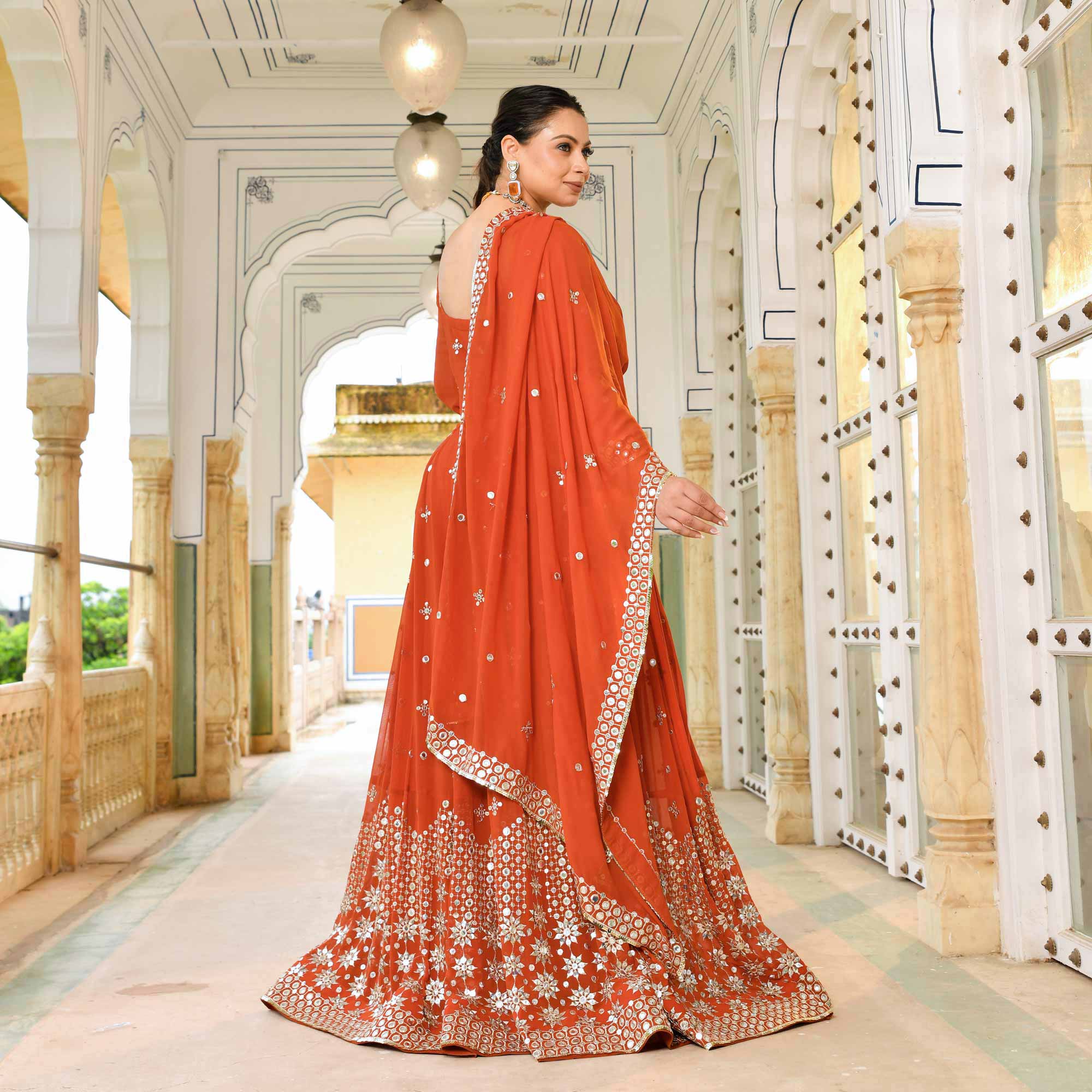 Burnt Sienna Mirror Embroidered Pure Georgette Anarkali Set