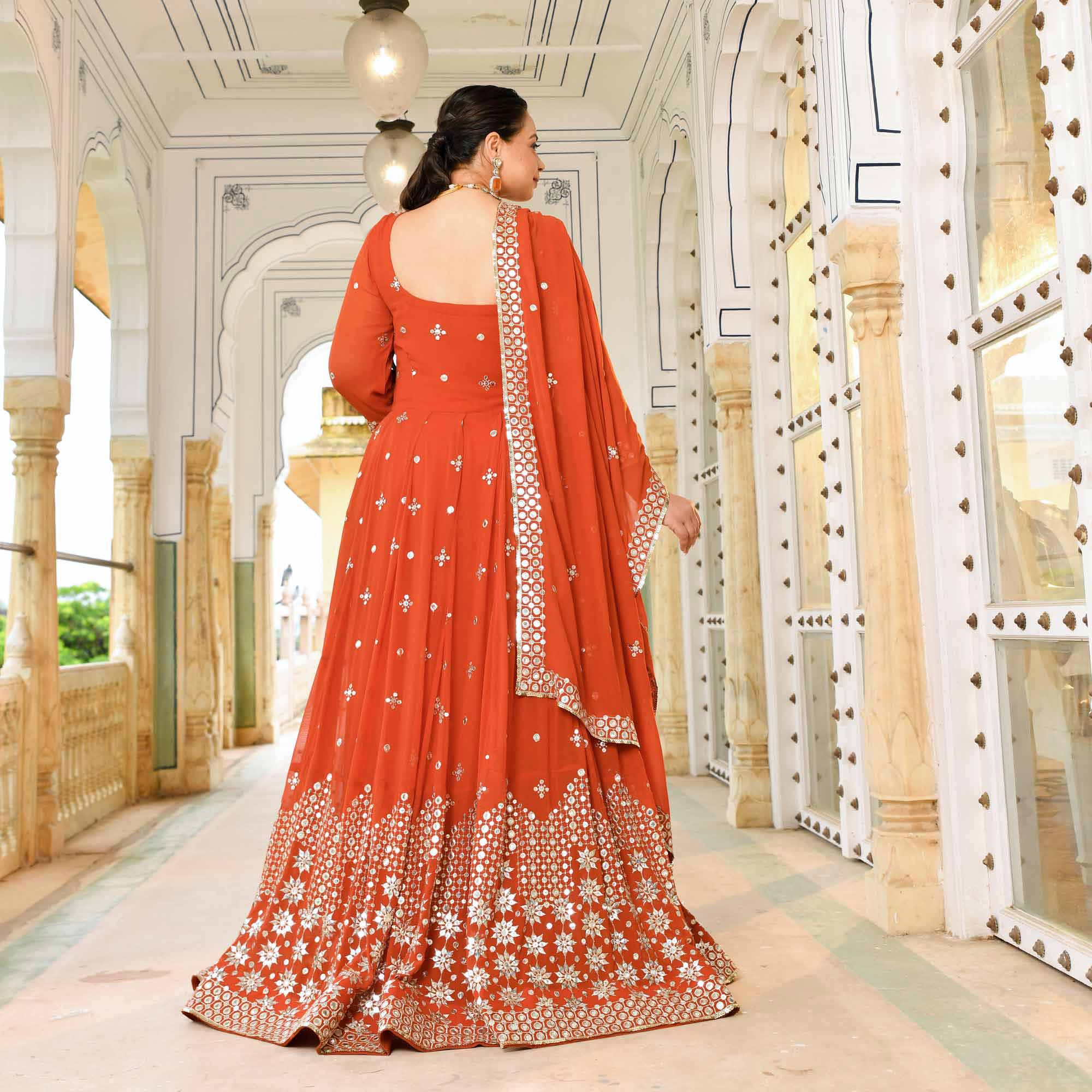 Burnt Sienna Mirror Embroidered Pure Georgette Anarkali Set