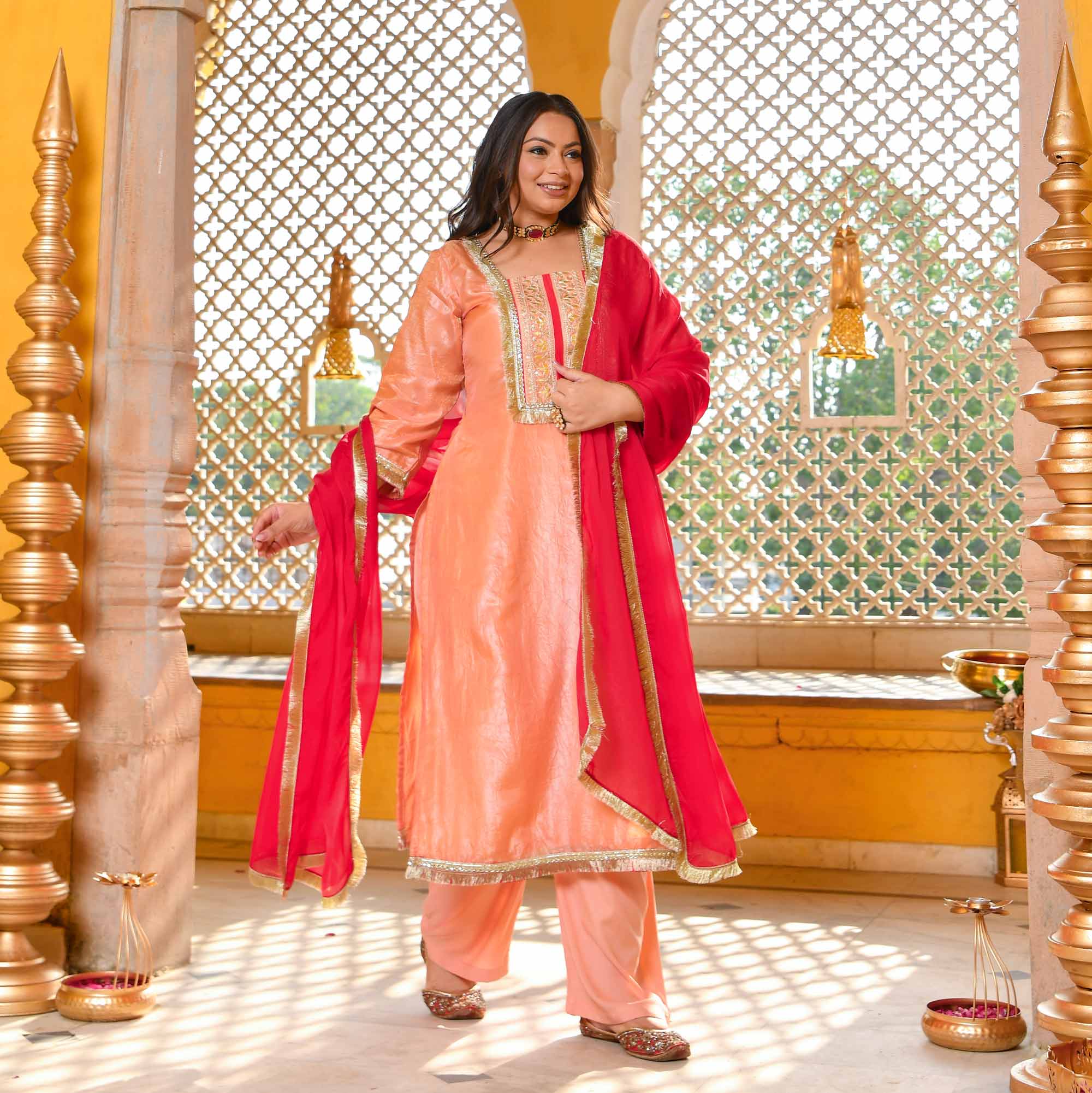 Blush of Dawn- Peach Tissue Silk Gota Patti Suit Set