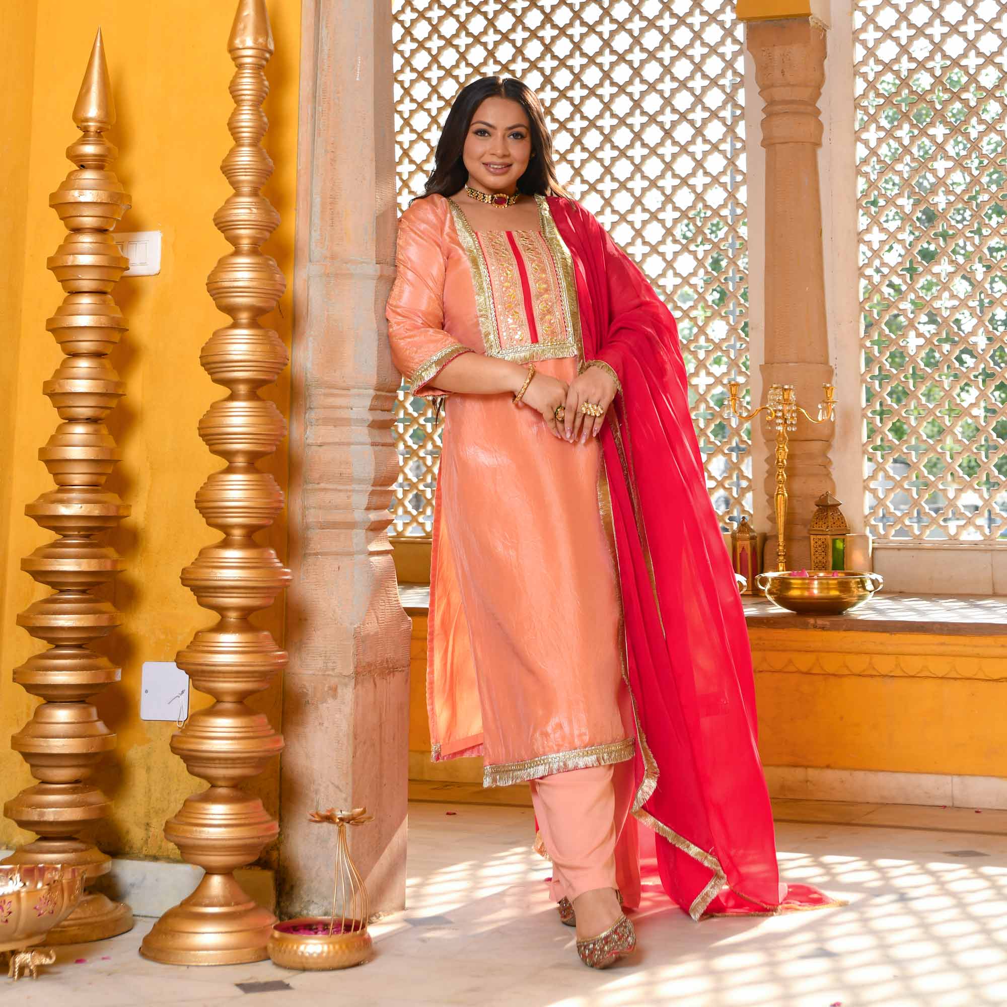 Blush of Dawn- Peach Tissue Silk Gota Patti Suit Set