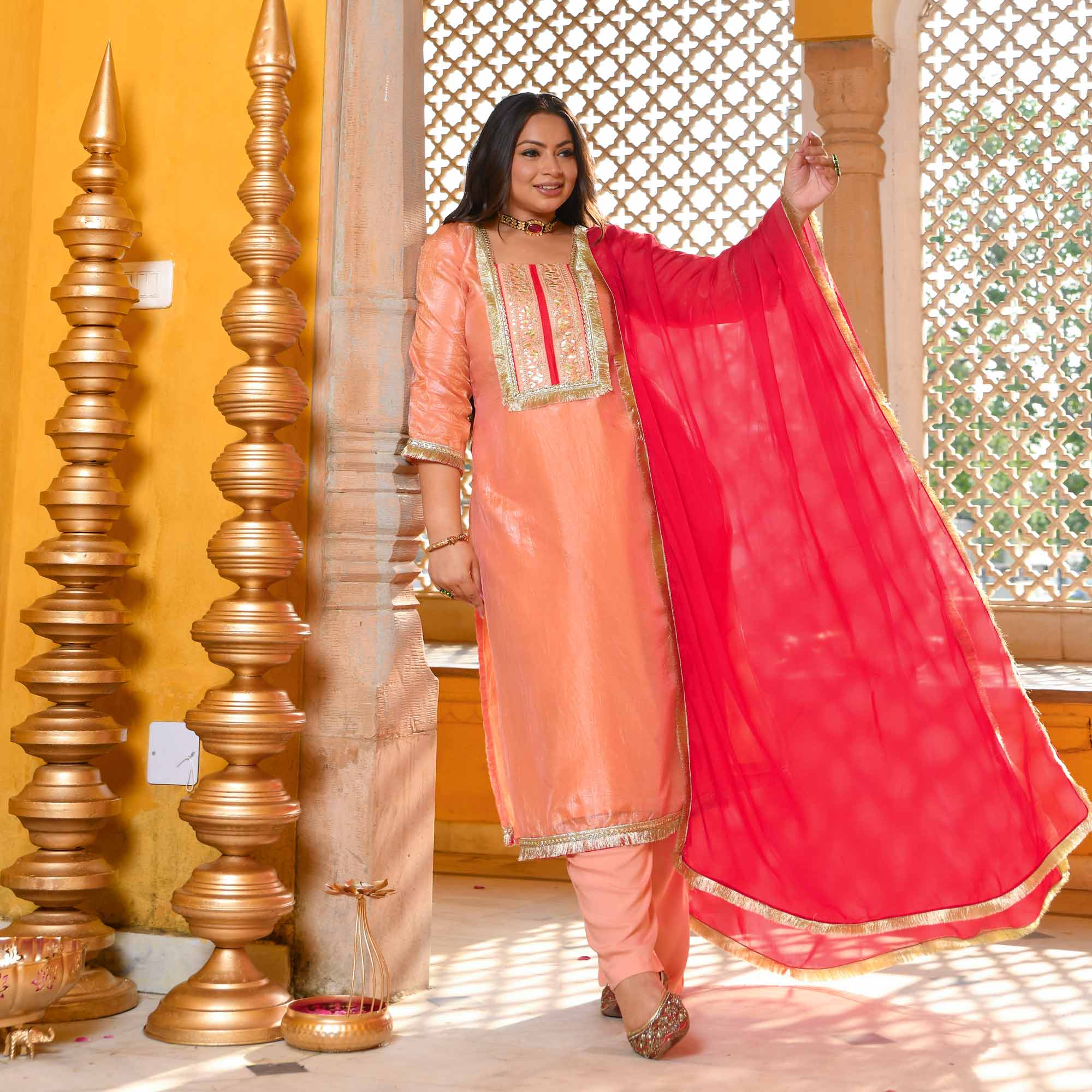 Blush of Dawn- Peach Tissue Silk Gota Patti Suit Set