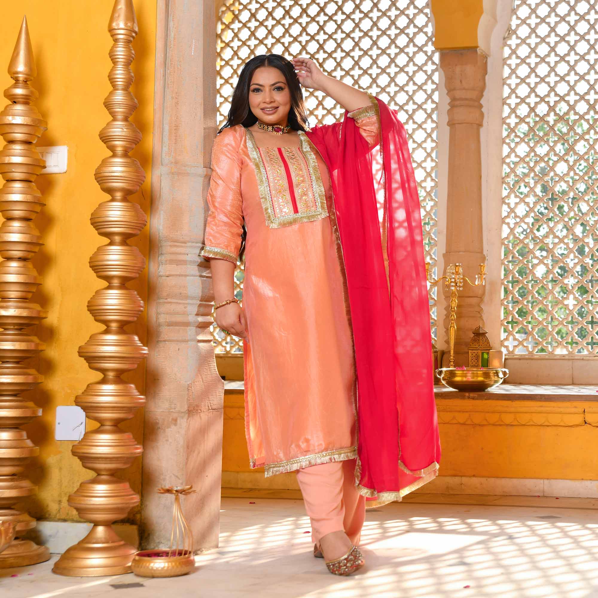 Blush of Dawn- Peach Tissue Silk Gota Patti Suit Set