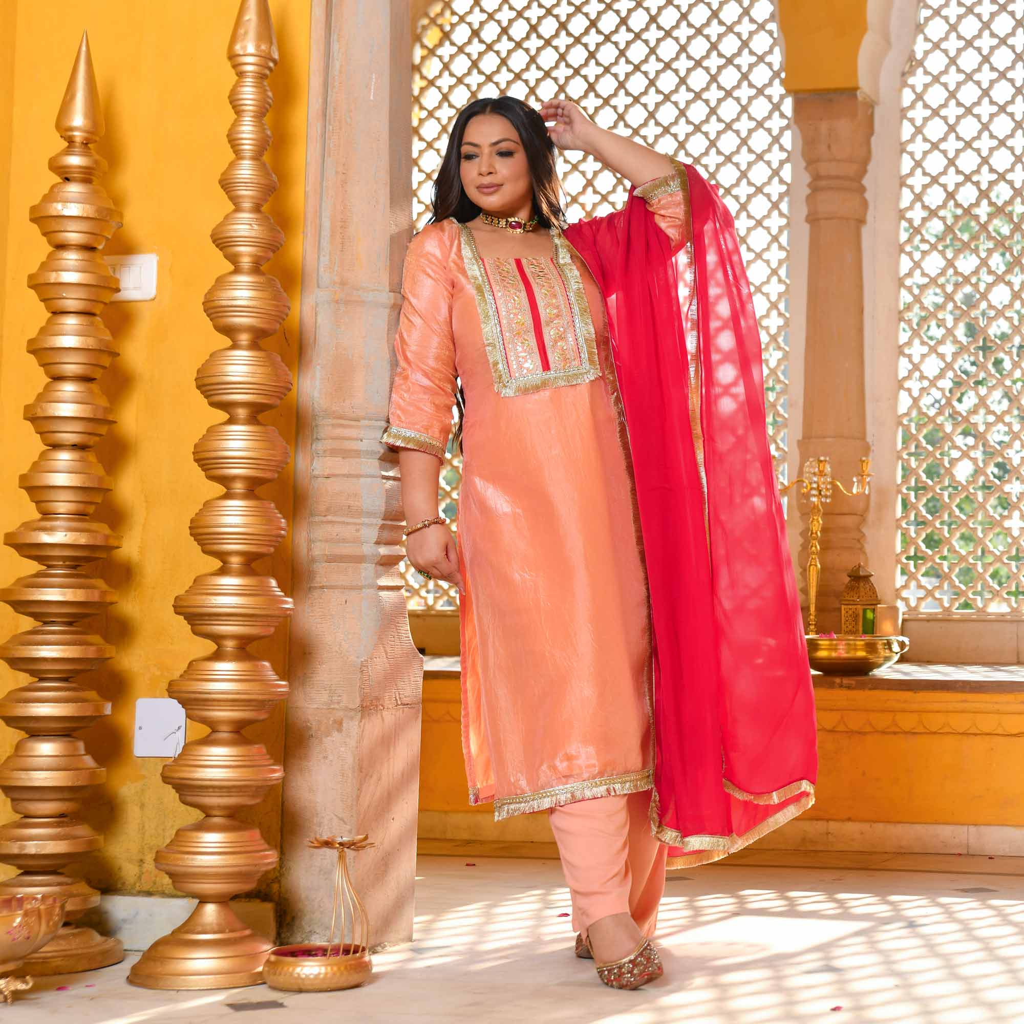 Blush of Dawn- Peach Tissue Silk Gota Patti Suit Set