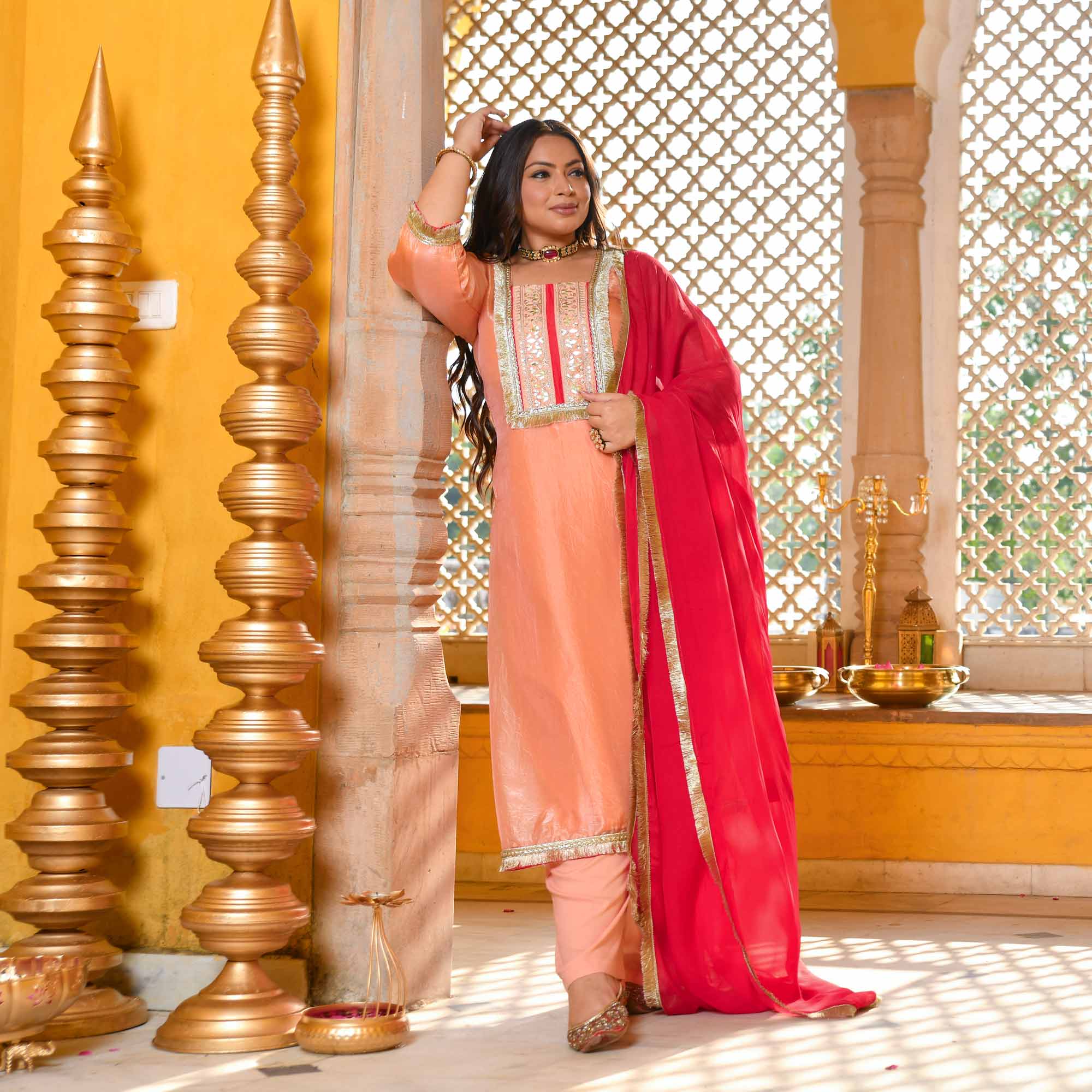 Blush of Dawn- Peach Tissue Silk Gota Patti Suit Set