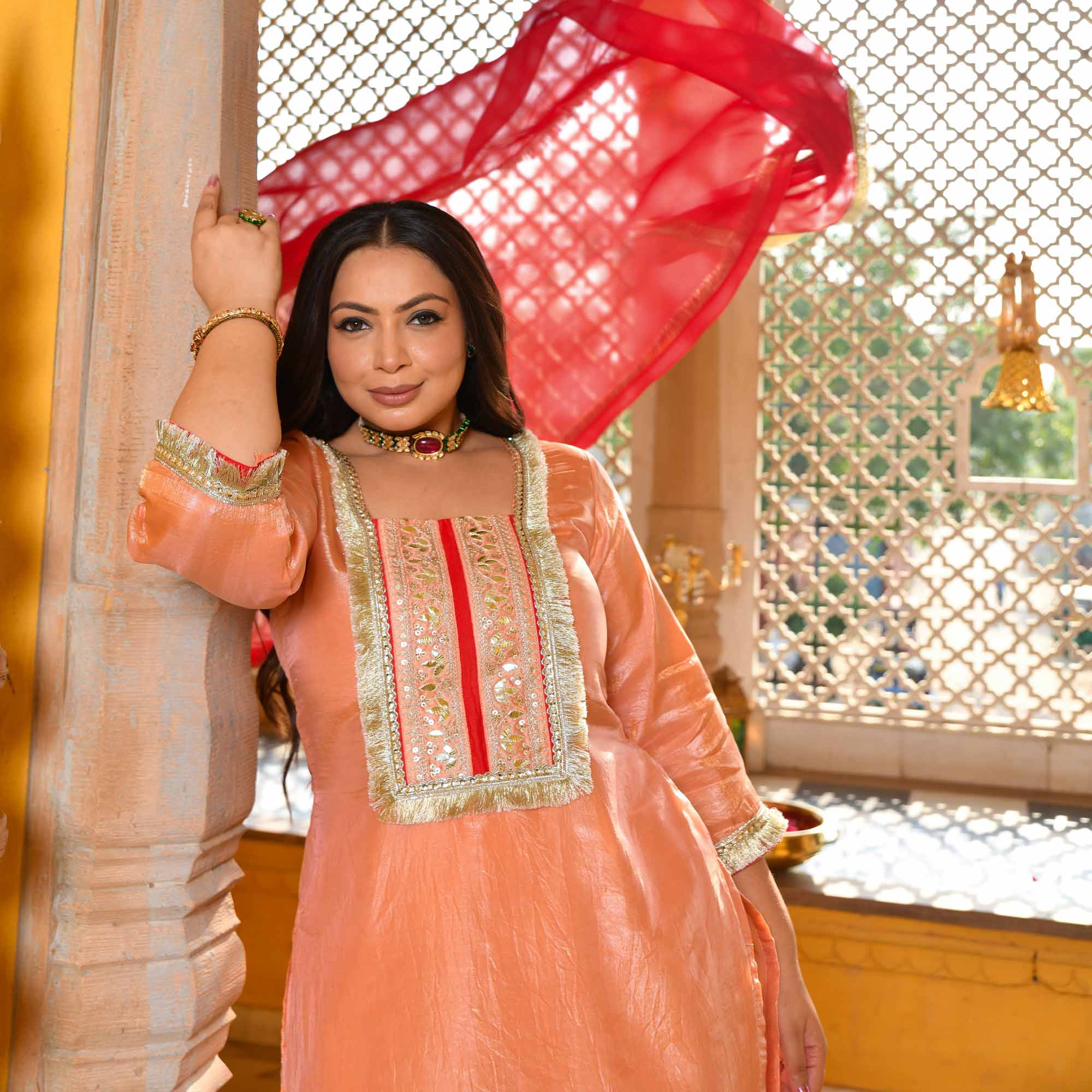 Blush of Dawn- Peach Tissue Silk Gota Patti Suit Set