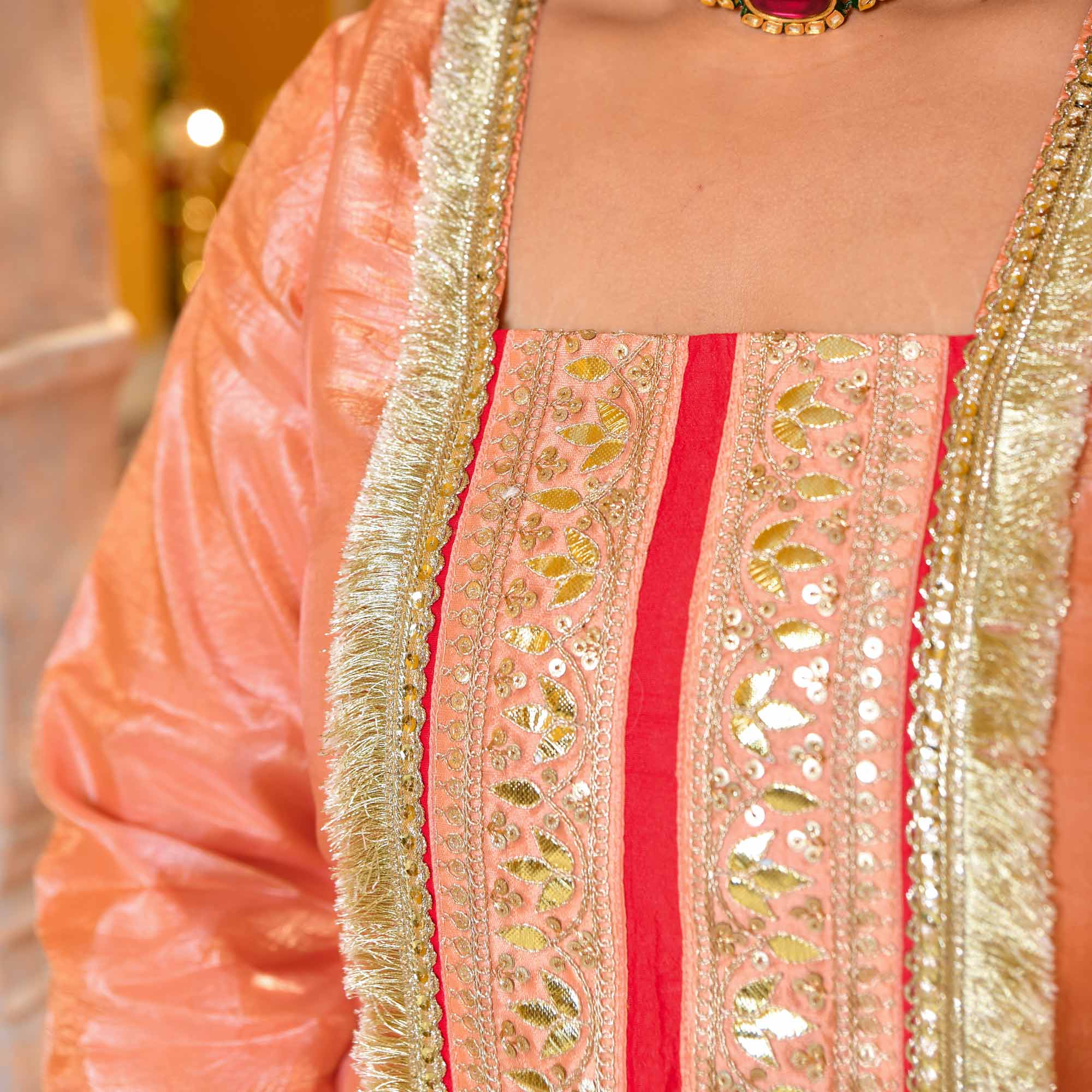 Blush of Dawn- Peach Tissue Silk Gota Patti Suit Set