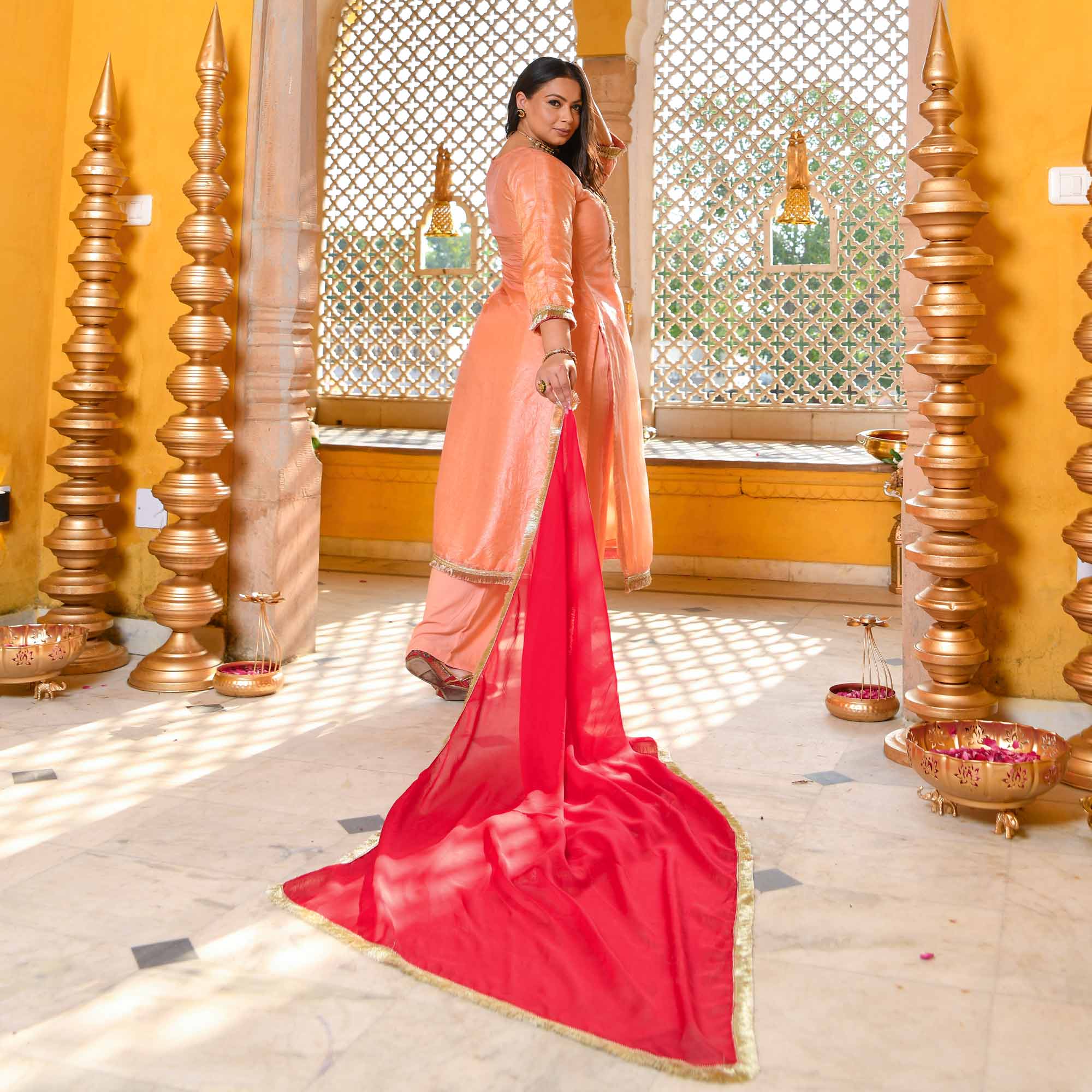 Blush of Dawn- Peach Tissue Silk Gota Patti Suit Set