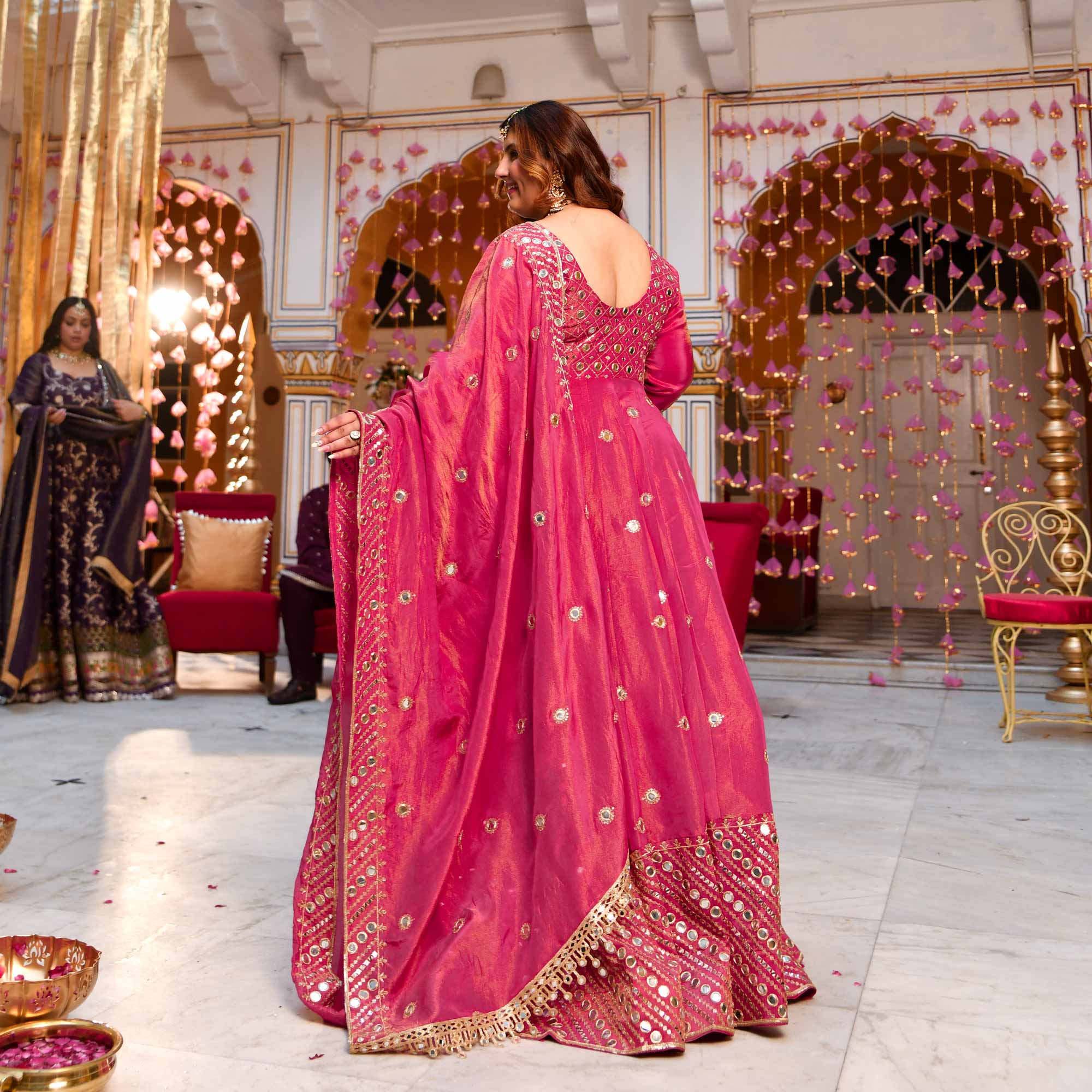 Dazzling Peony -Deep Pink Pure Tissue Silk Embroidered Anarkali Set