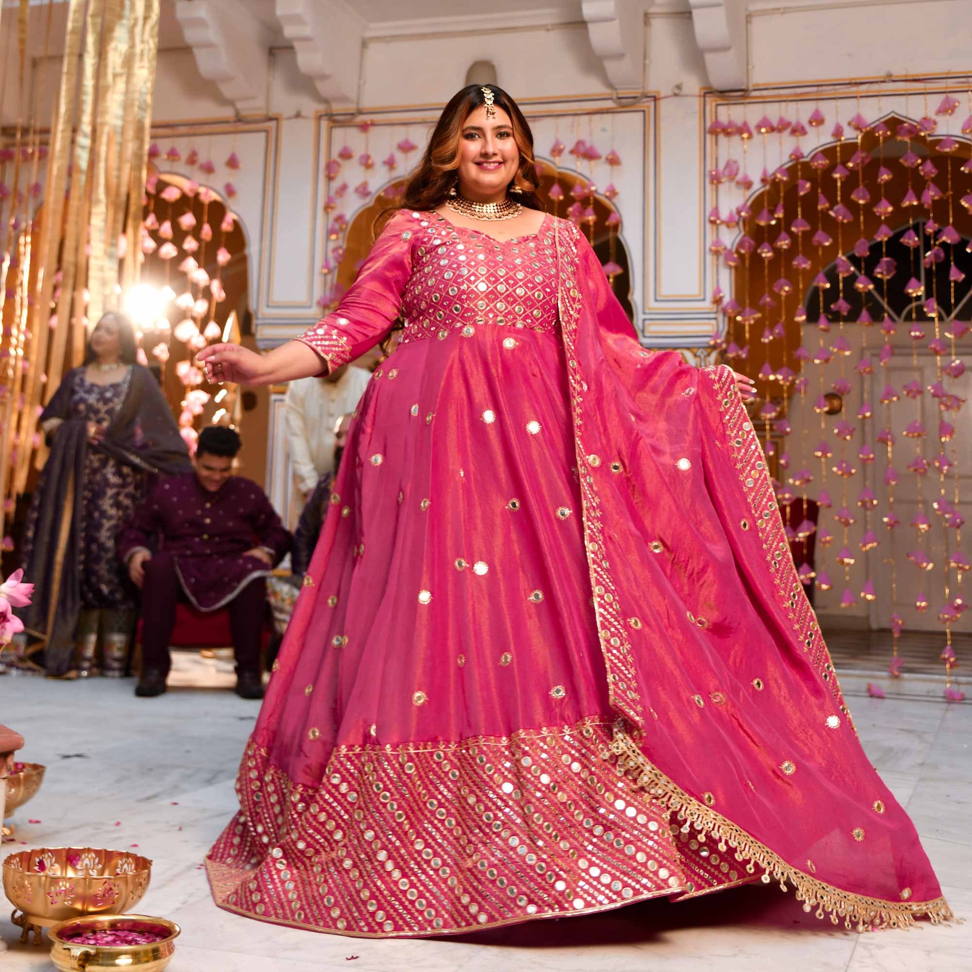 Dazzling Peony -Deep Pink Pure Tissue Silk Embroidered Anarkali Set