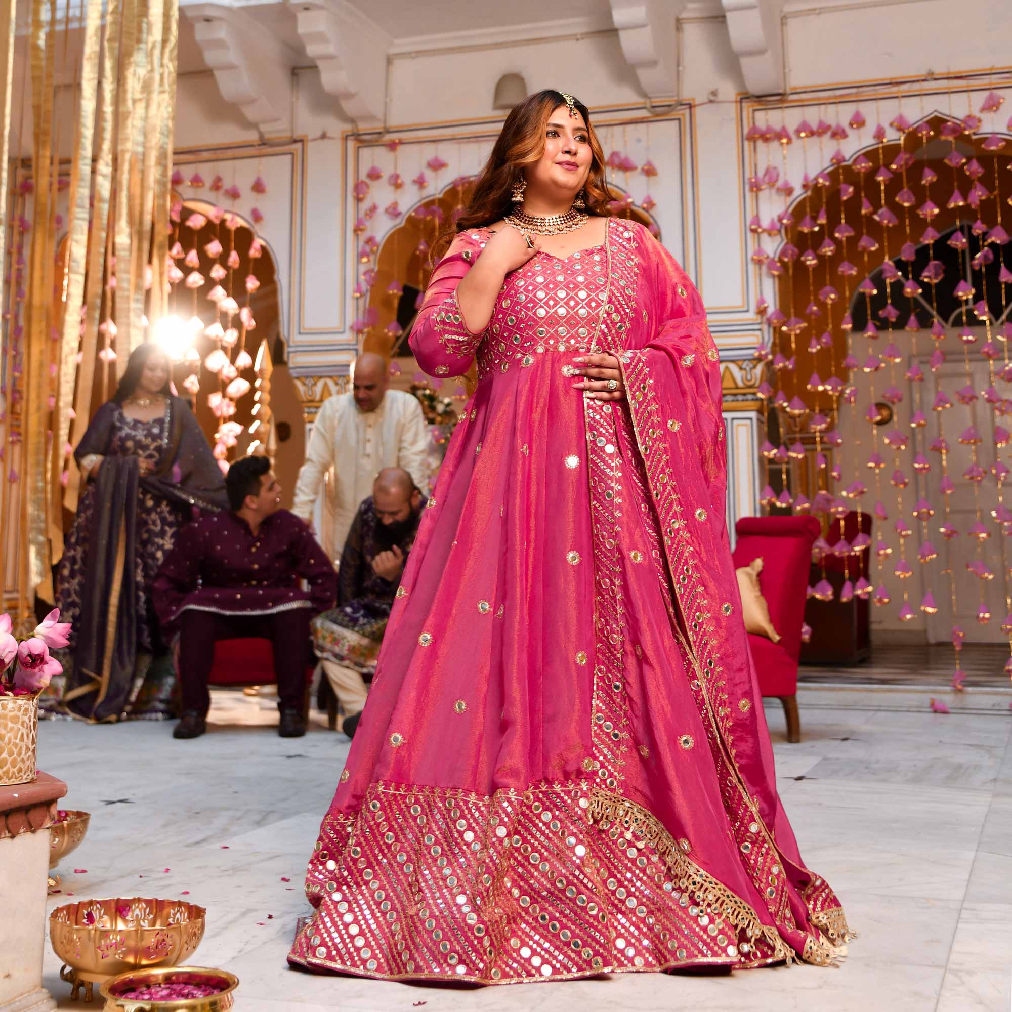 Dazzling Peony -Deep Pink Pure Tissue Silk Embroidered Anarkali Set