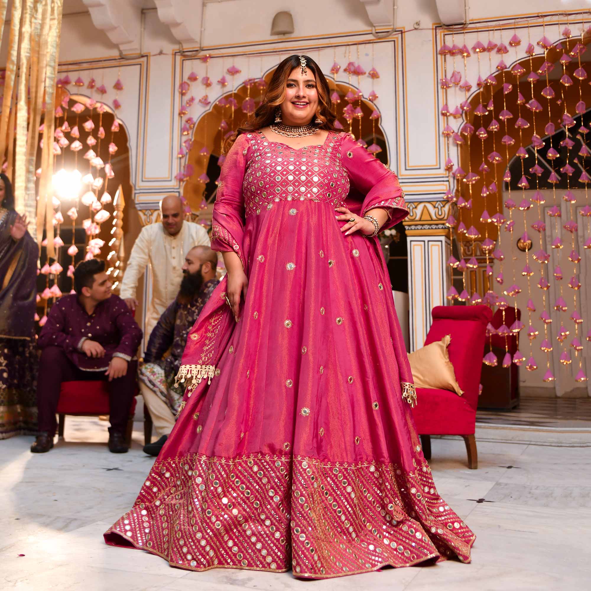 Dazzling Peony -Deep Pink Pure Tissue Silk Embroidered Anarkali Set