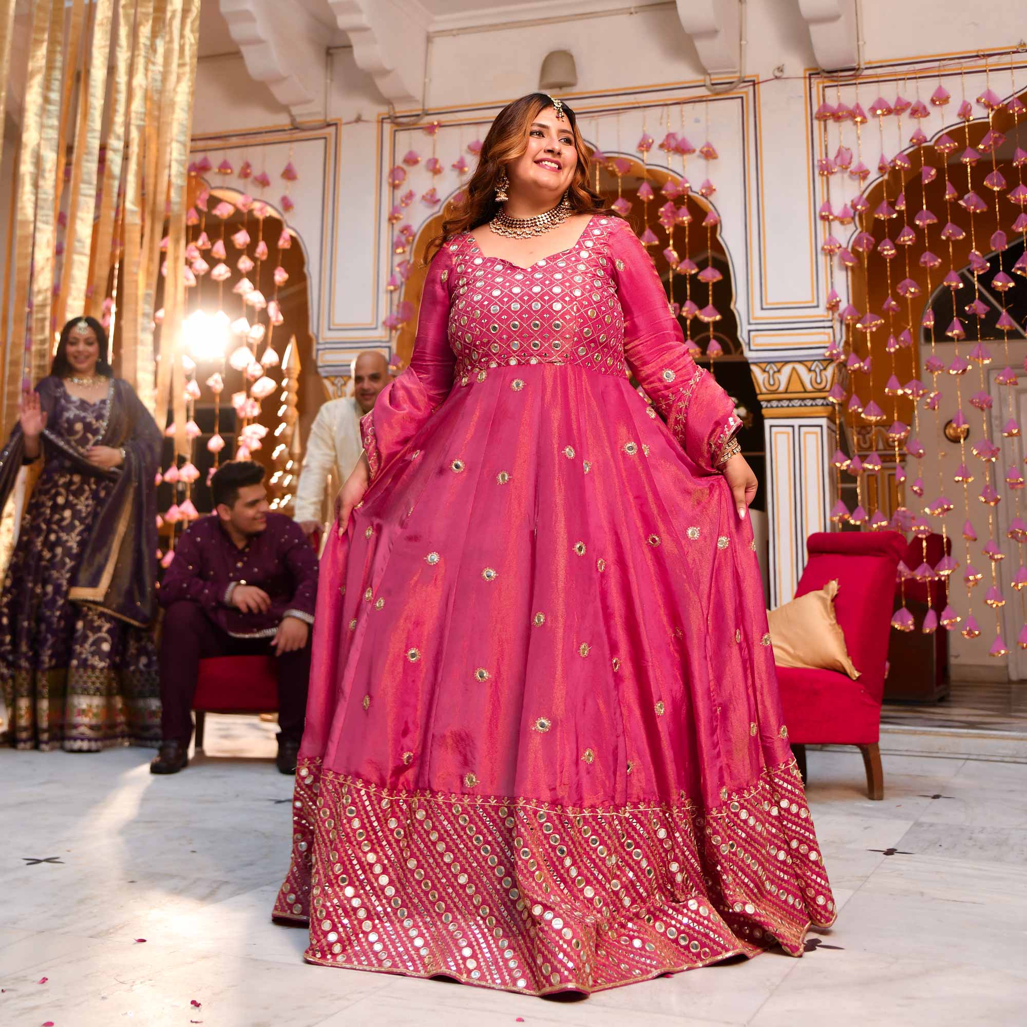 Dazzling Peony -Deep Pink Pure Tissue Silk Embroidered Anarkali Set