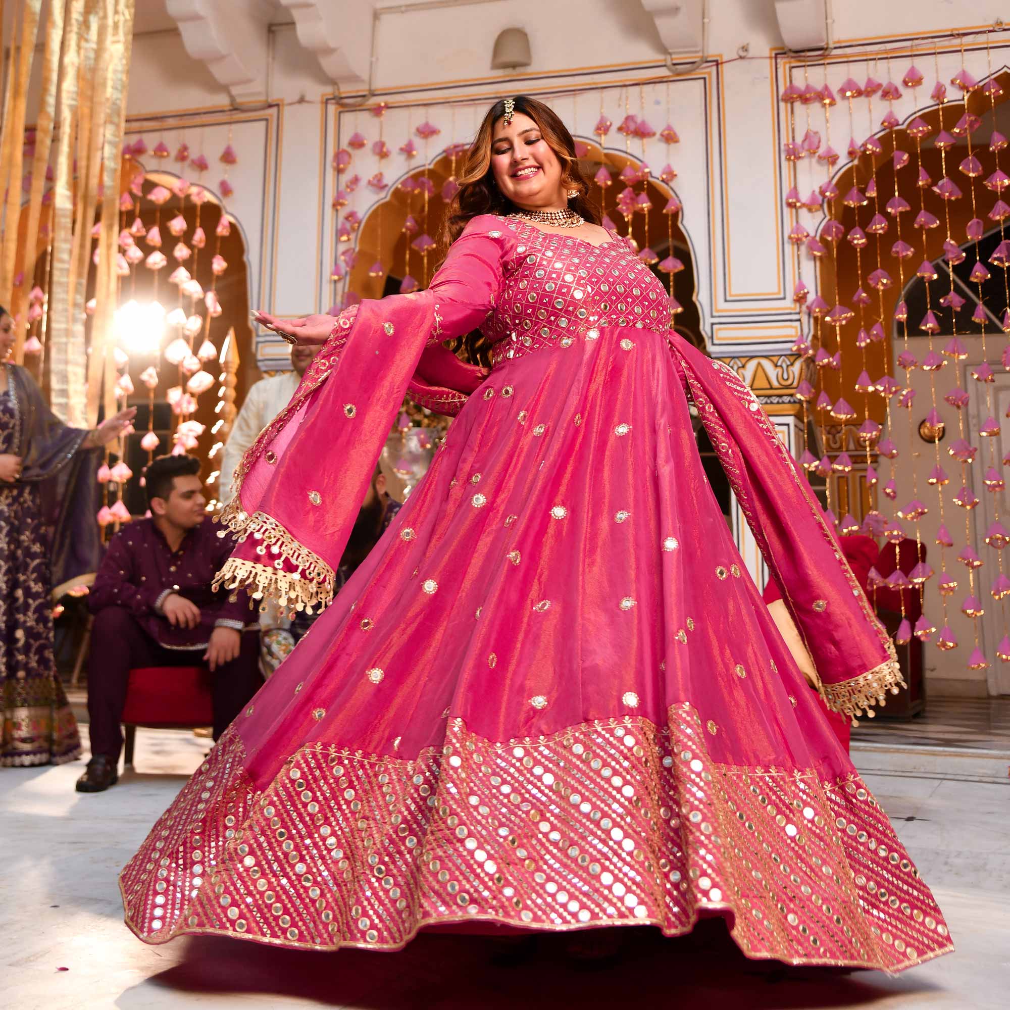 Dazzling Peony -Deep Pink Pure Tissue Silk Embroidered Anarkali Set