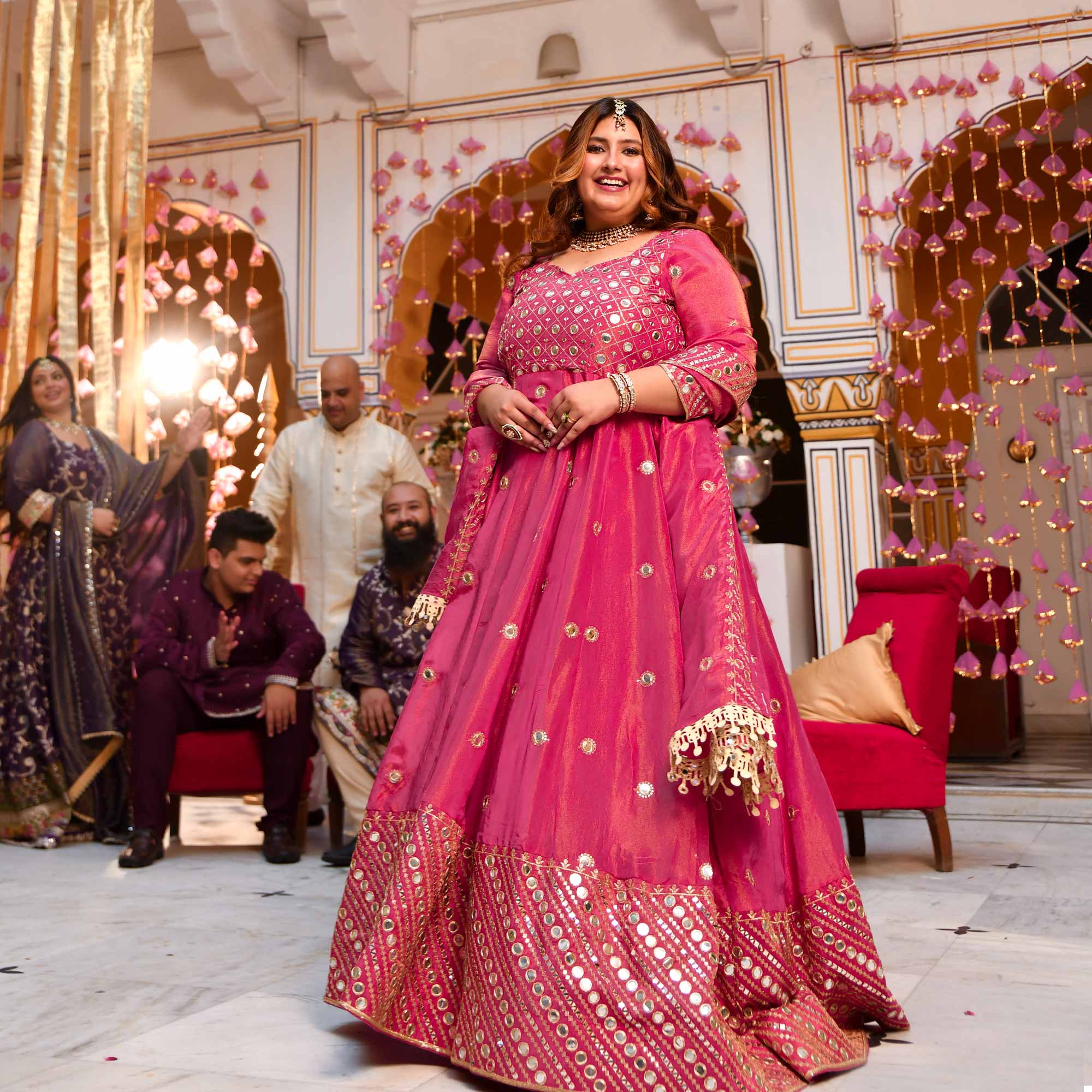 Dazzling Peony -Deep Pink Pure Tissue Silk Embroidered Anarkali Set