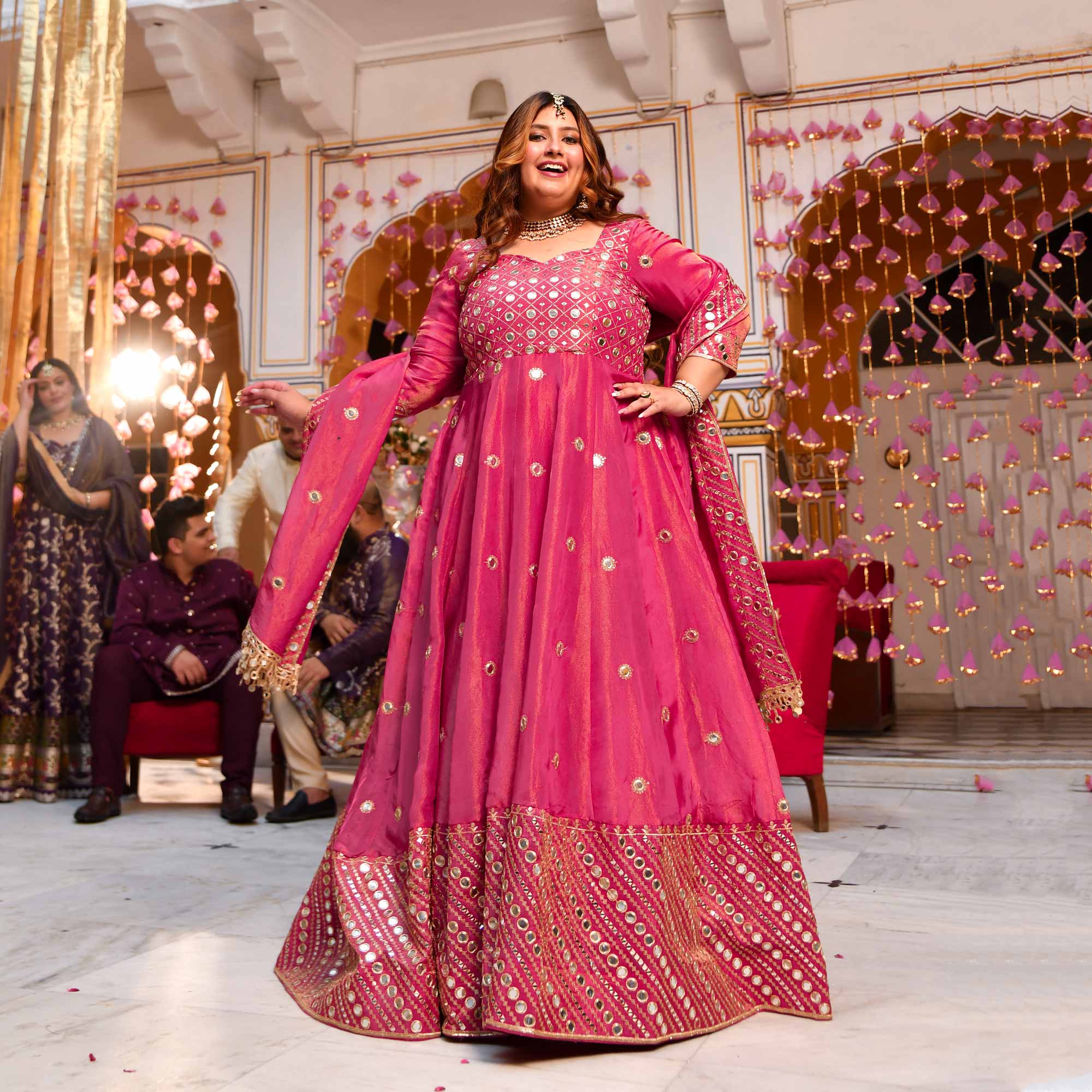 Dazzling Peony -Deep Pink Pure Tissue Silk Embroidered Anarkali Set