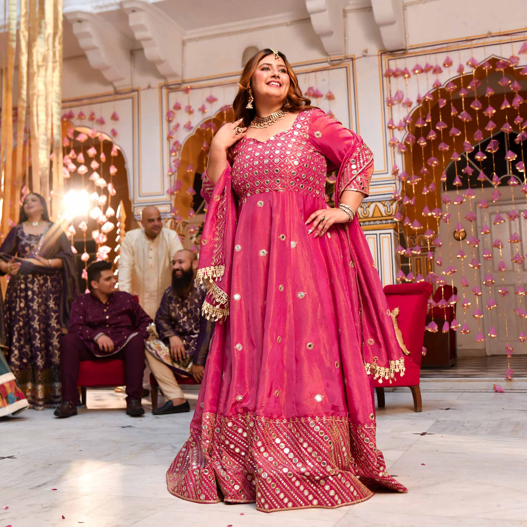 Dazzling Peony -Deep Pink Pure Tissue Silk Embroidered Anarkali Set