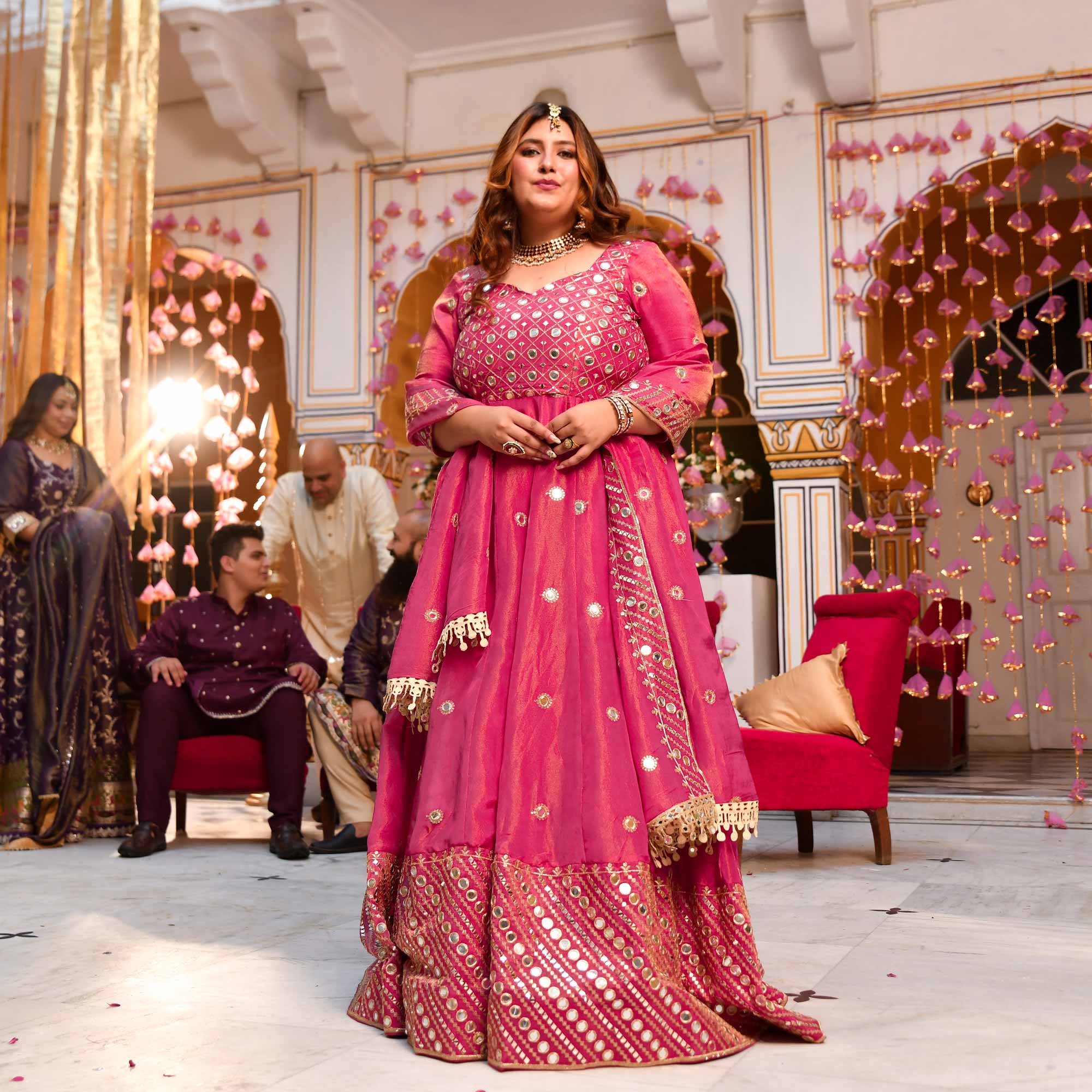 Dazzling Peony -Deep Pink Pure Tissue Silk Embroidered Anarkali Set