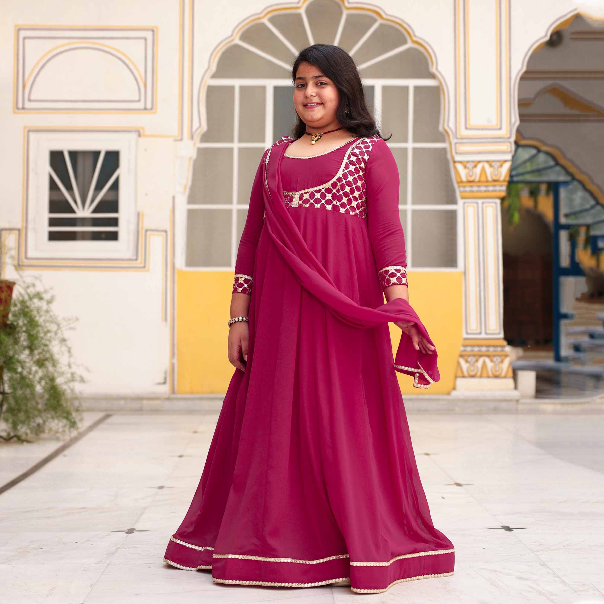 Radha Raas- Rose Pink Kids Georgette Anarkali With Dupatta