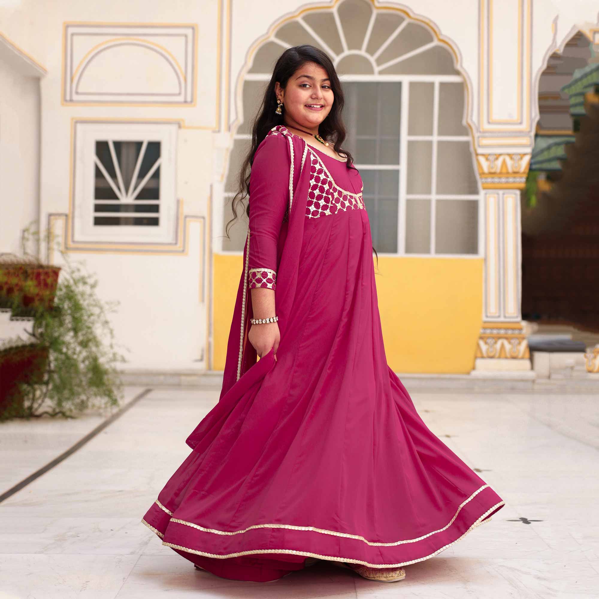 Radha Raas- Rose Pink Kids Georgette Anarkali With Dupatta