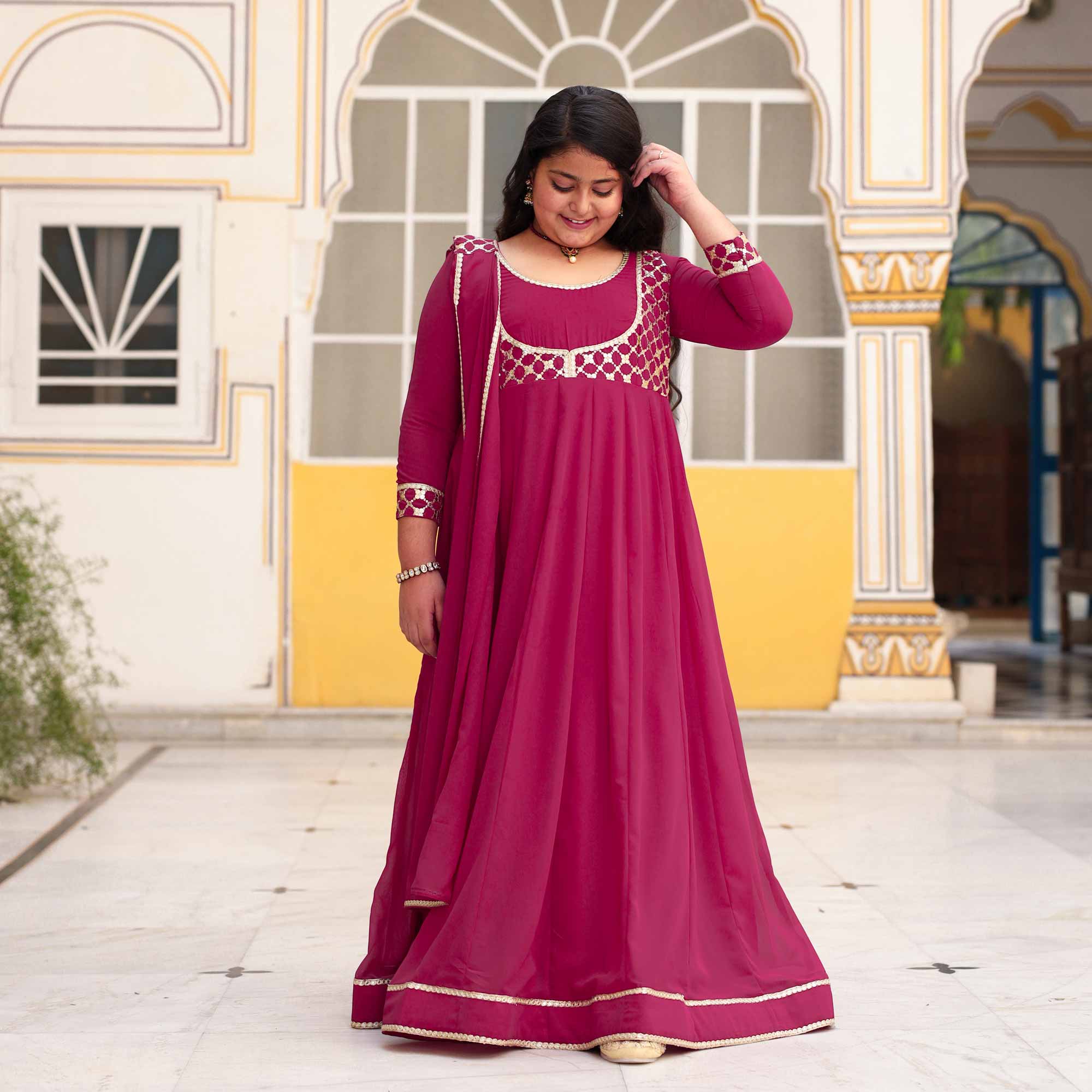 Radha Raas- Rose Pink Kids Georgette Anarkali With Dupatta