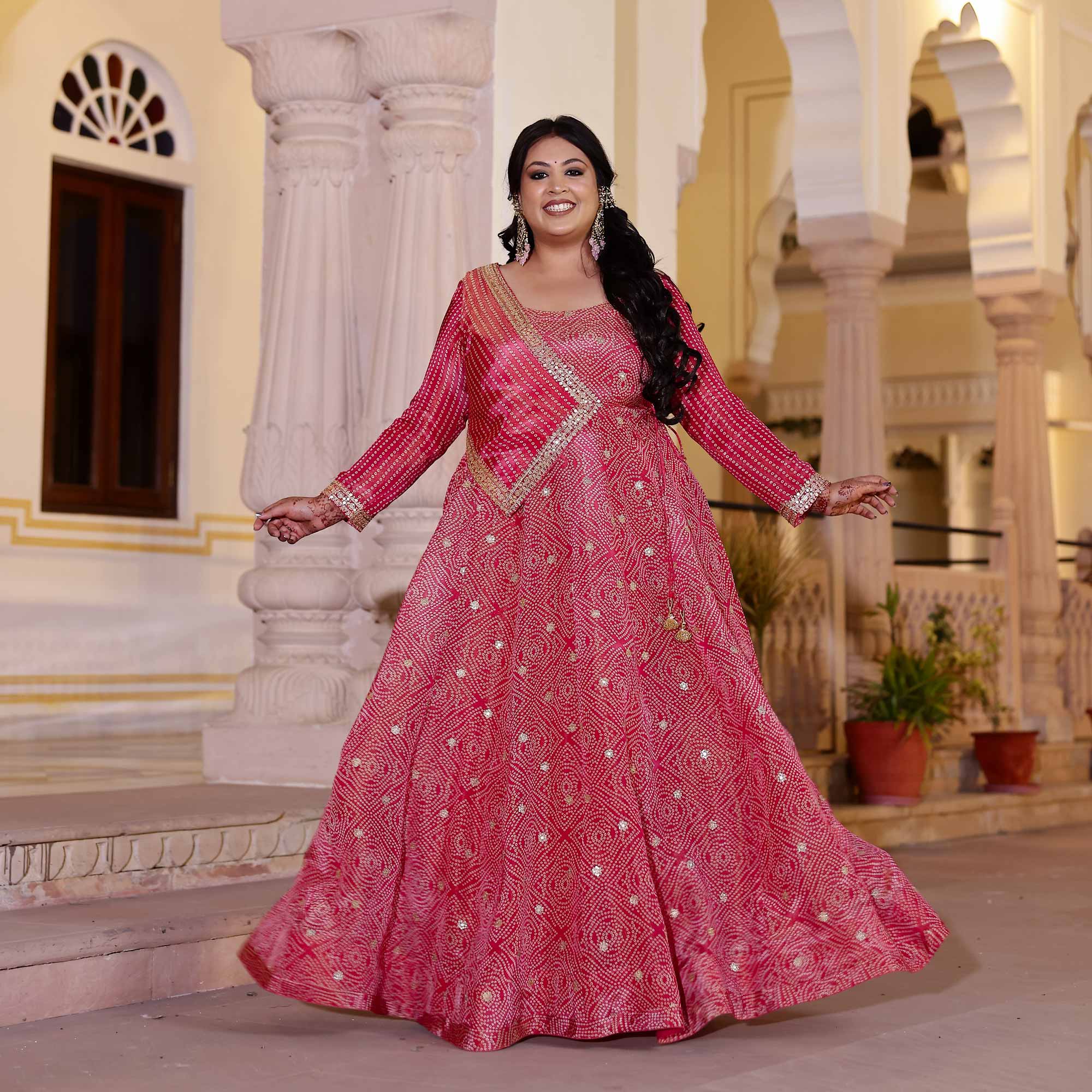 Blushing Hibiscus Bandhani Pure Tissue Silk Anarkali With Asymmetrical Cape