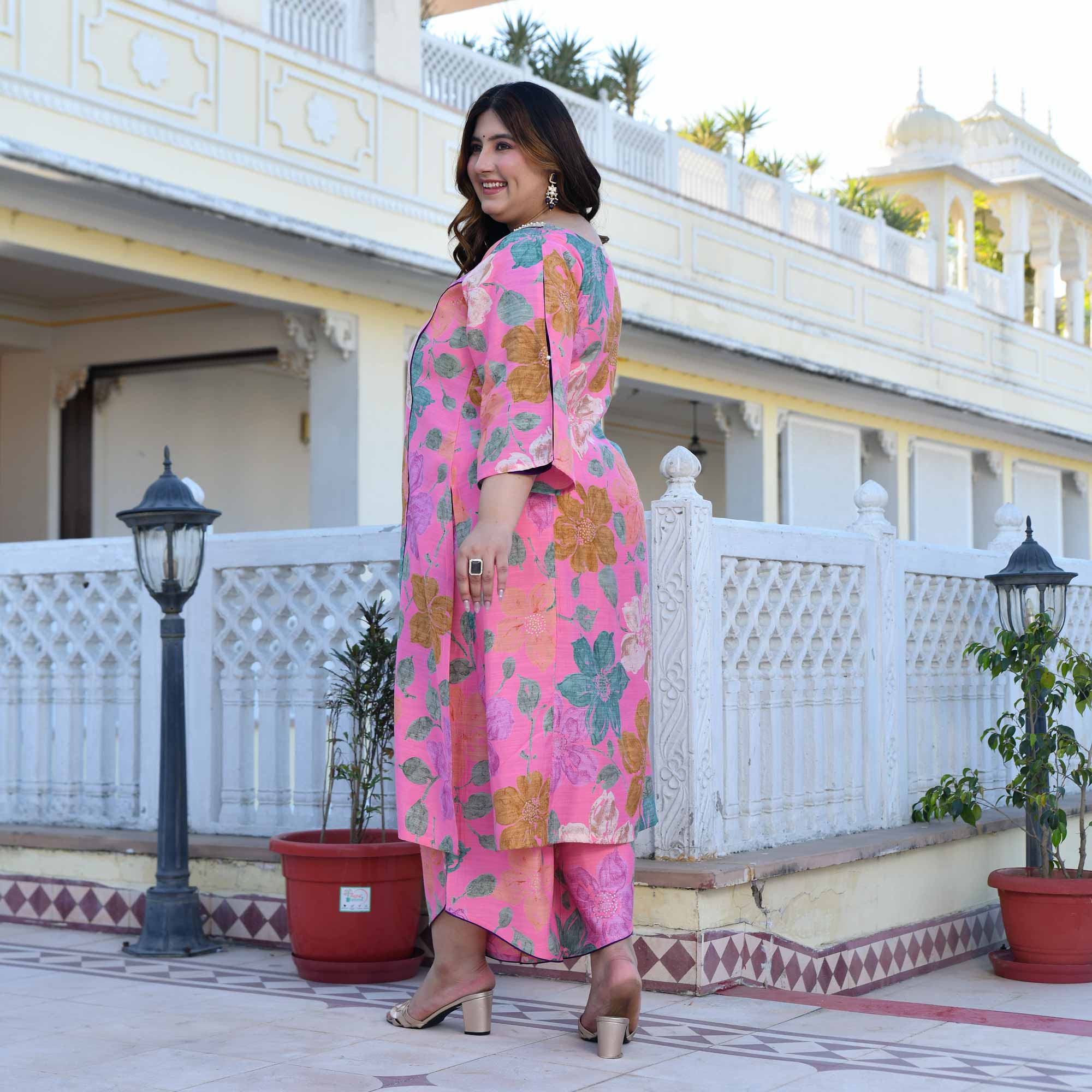 Carnation- Blush Pink Floral Modal Viscose Blend Kurta with Asymmetrical Pants