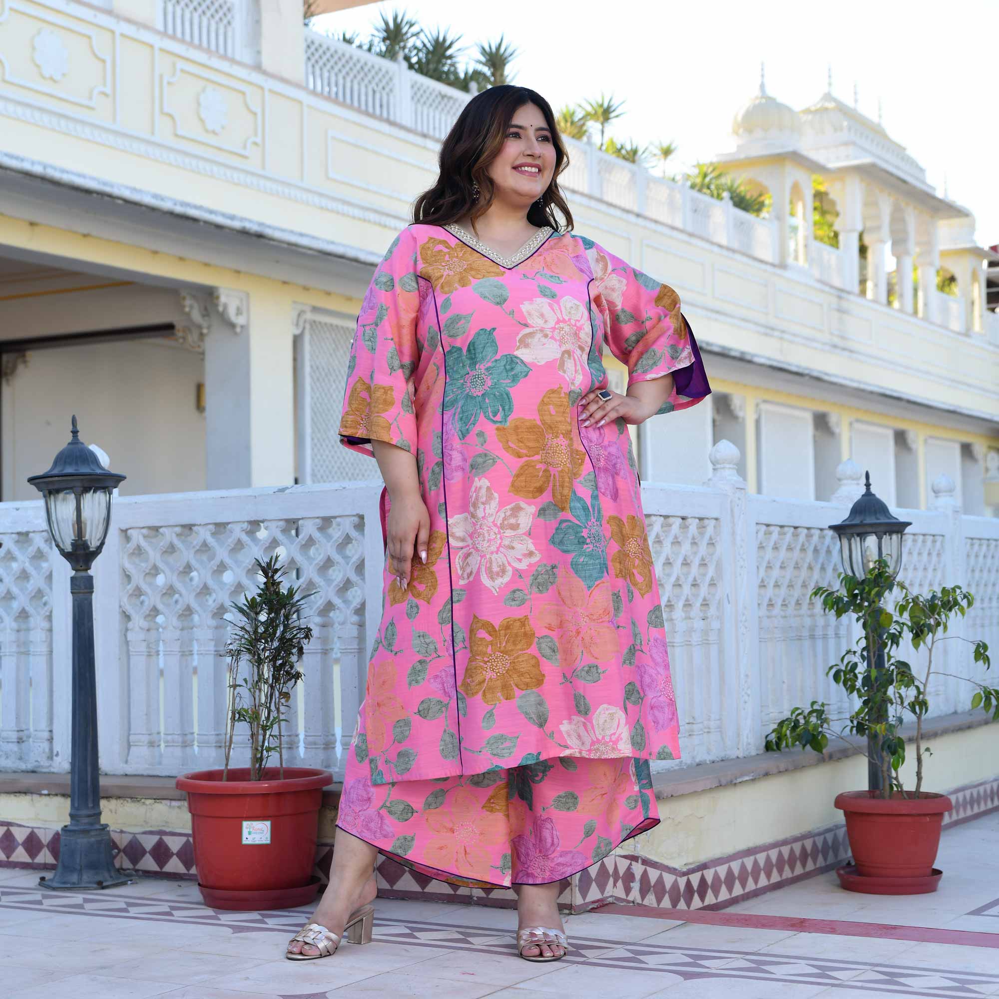 Carnation- Blush Pink Floral Modal Viscose Blend Kurta with Asymmetrical Pants