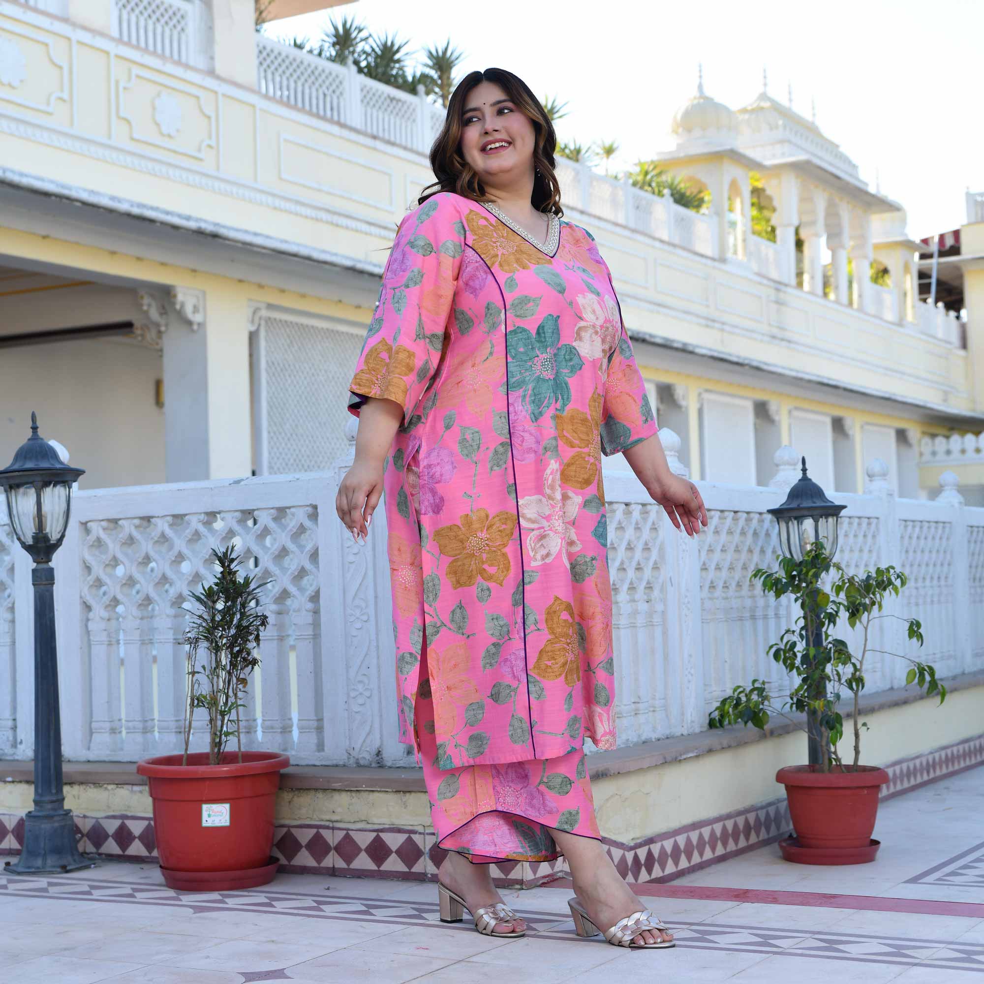 Carnation- Blush Pink Floral Modal Viscose Blend Kurta with Asymmetrical Pants