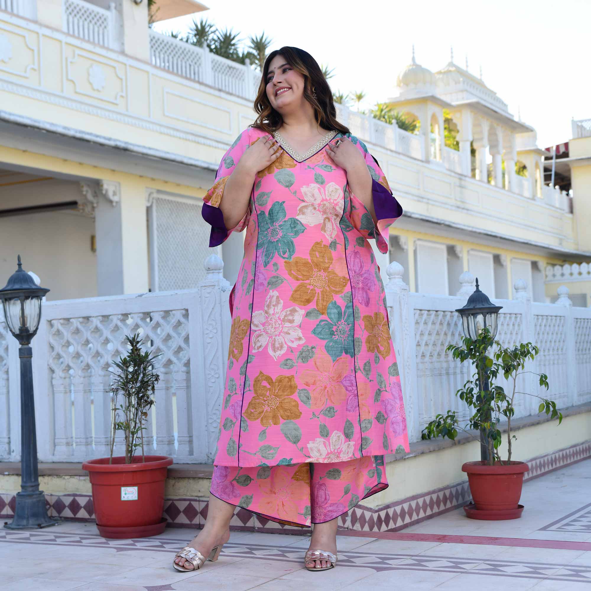 Carnation- Blush Pink Floral Modal Viscose Blend Kurta with Asymmetrical Pants