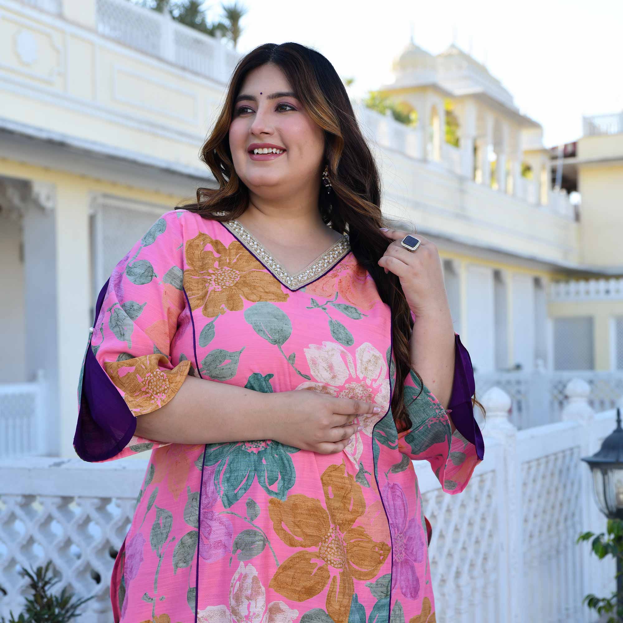 Carnation- Blush Pink Floral Modal Viscose Blend Kurta with Asymmetrical Pants