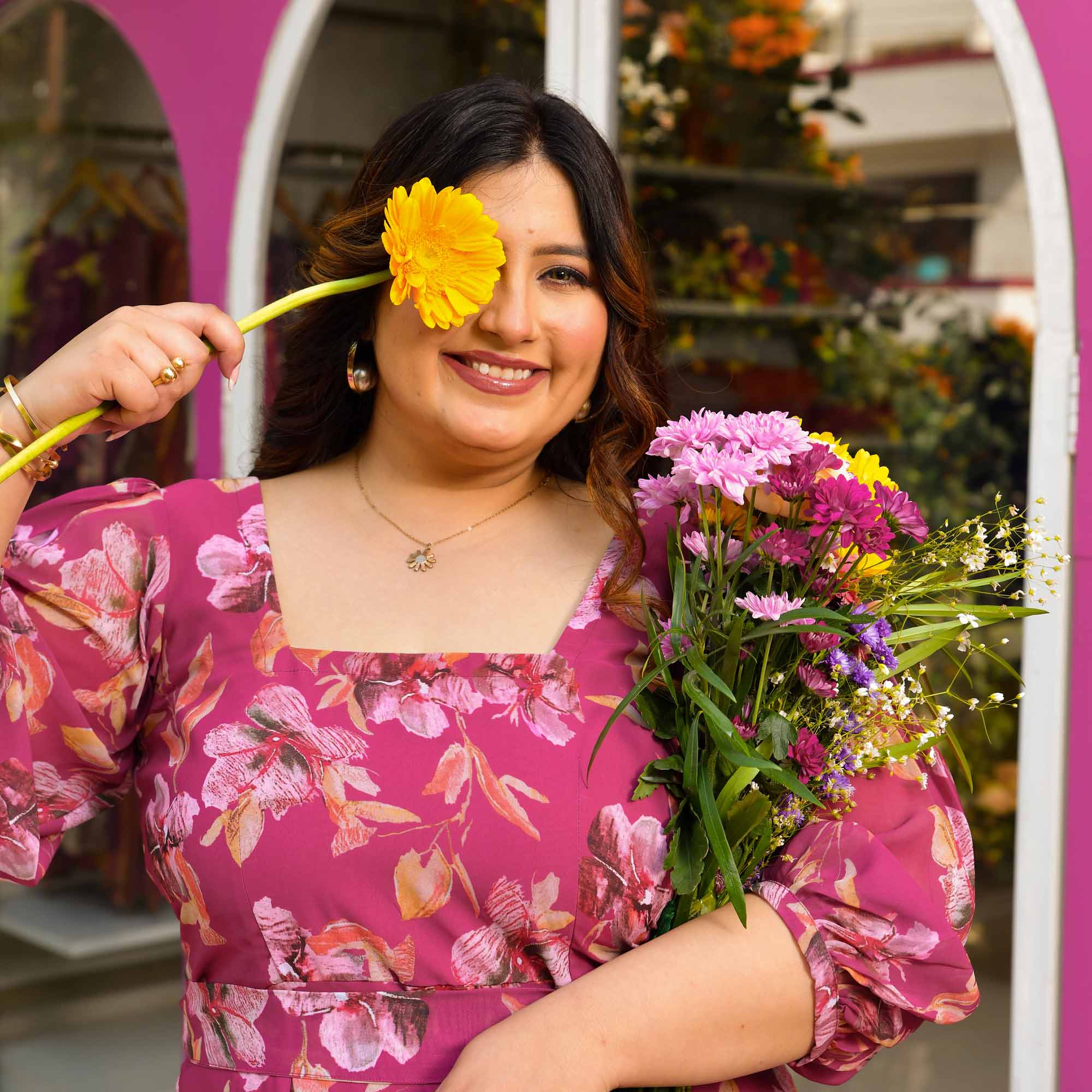 Lychees- Magenta Pink Floral Georgette Dress